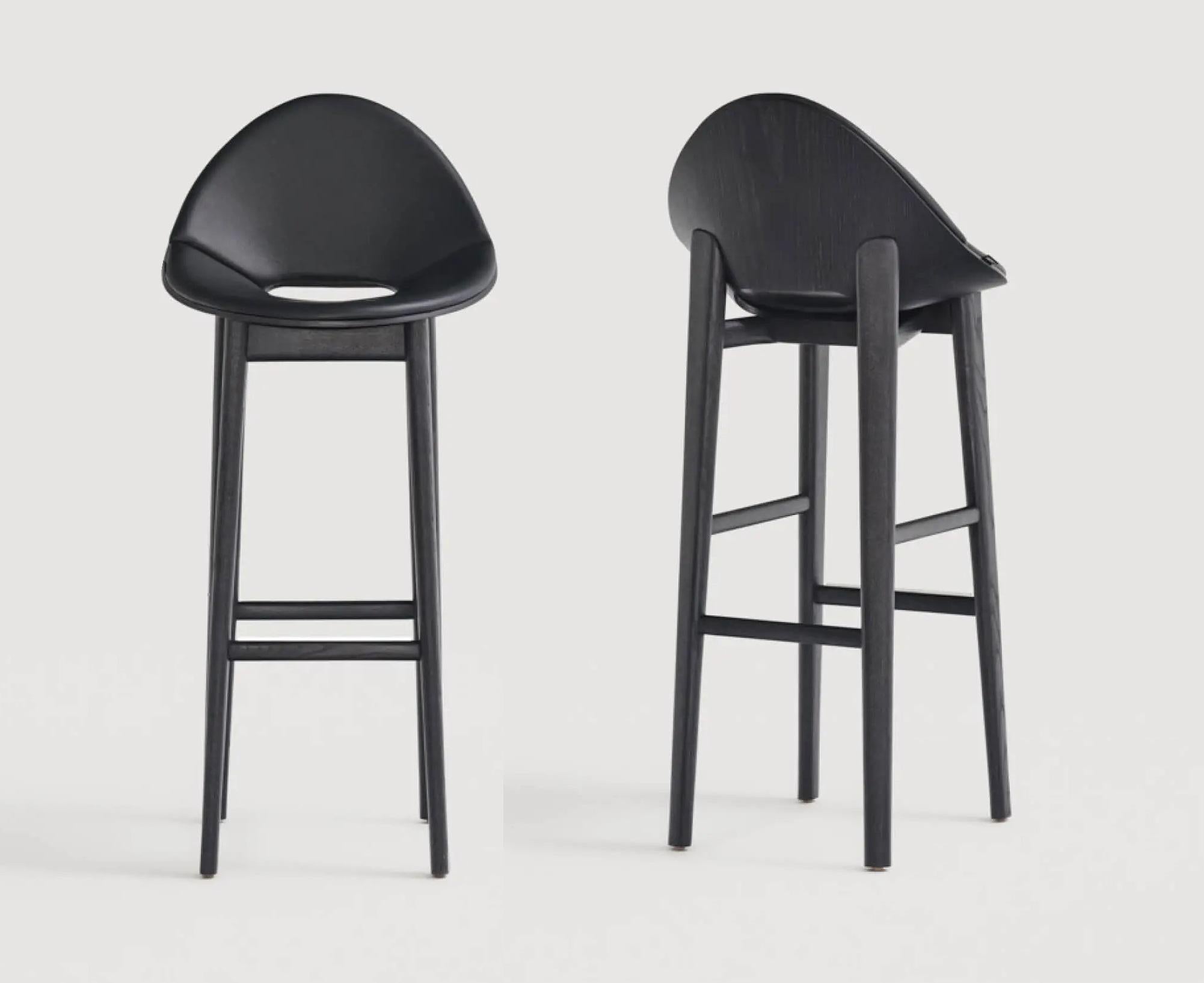 Contemporary Barstool In Solid Wood Structure, Upholstered Front Shell and Wooden Back For Sale