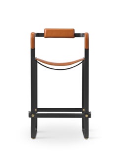 Tabouret de bar contemporain w. Dossier métal Nuit Noir & cuir naturel Tan Tobacco