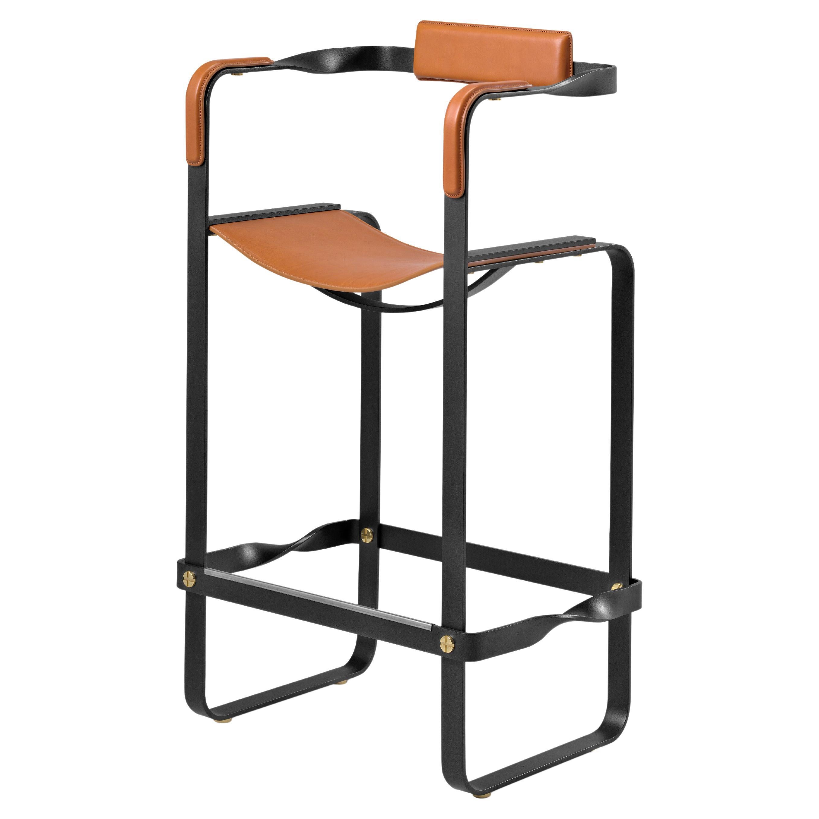Contemporary Bar stool w. Backrest Nuit Noir Metal & Natural Tan Tobacco Leather