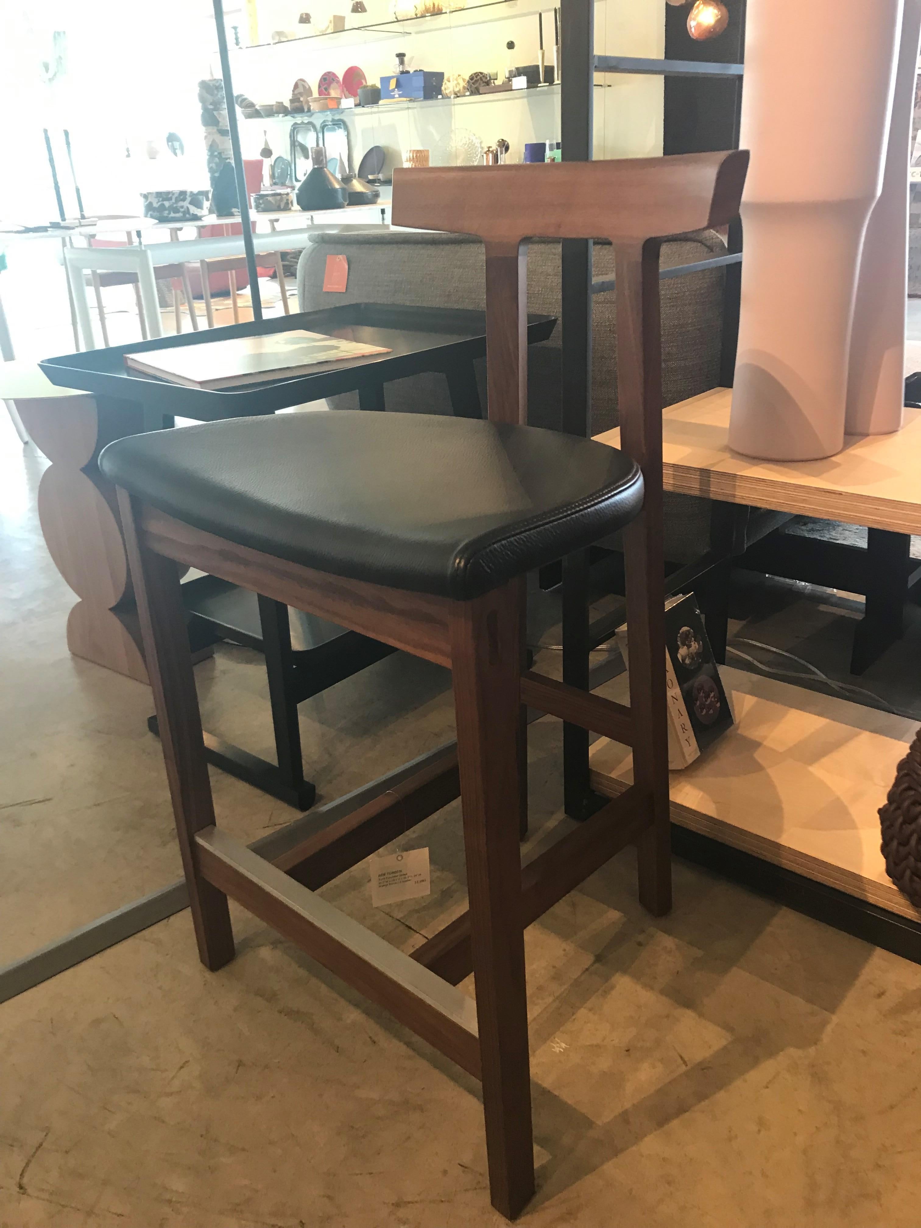 Mid-Century Modern Barstool with Black Leather Seat and Walnut Frame, Bensen For Sale