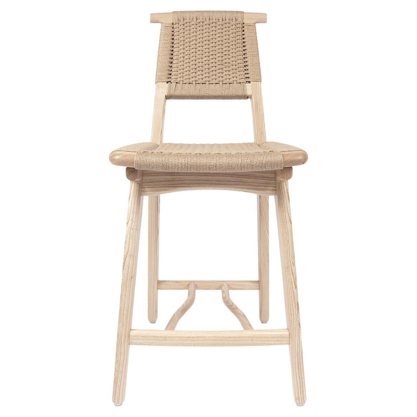 Barstool, Woven Danish Cord Seat Deck and Back, Hardwood, Mid Century