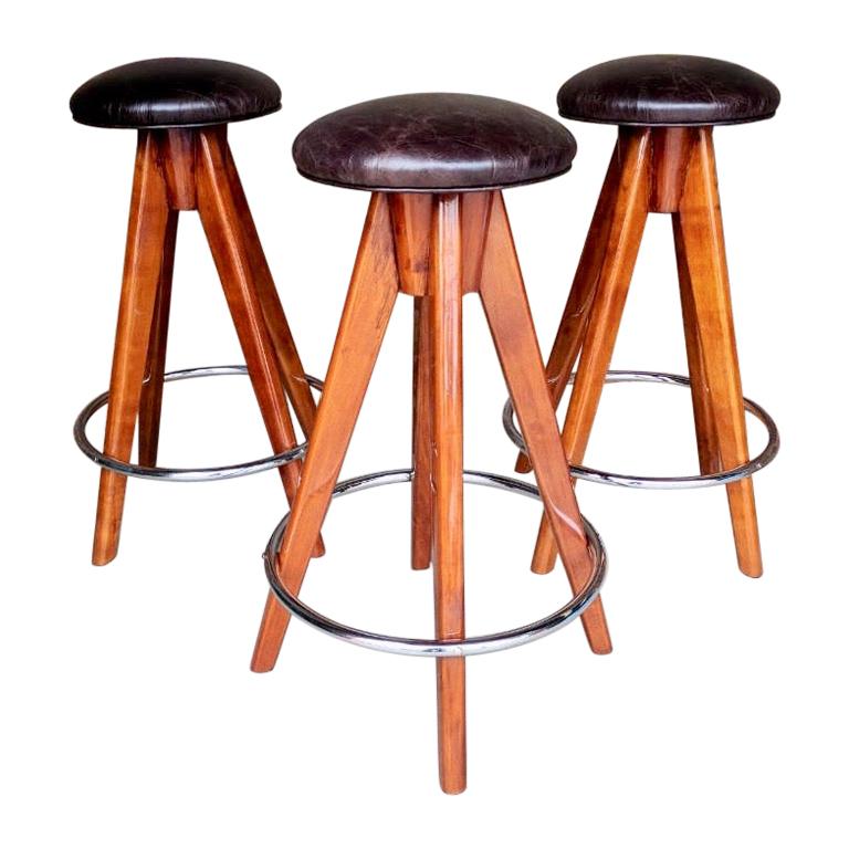 Barstools Art Deco Style Wood, Chrome and Leather
