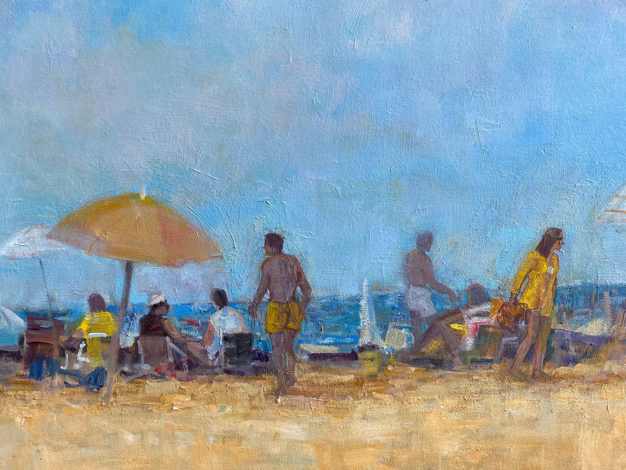 Beach Crowd, original 30x40 impressionist  figurative marine landscape - Blue Figurative Painting by Bart DeCeglie