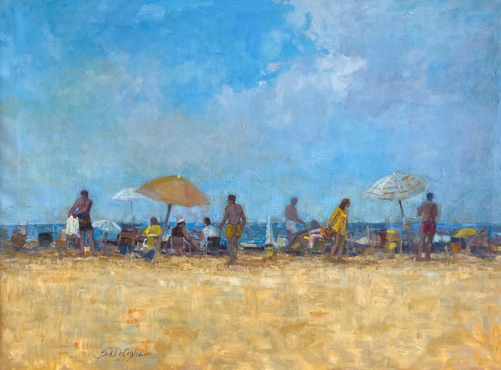 Beach Crowd, original 30x40 impressionist  figurative marine landscape - Painting by Bart DeCeglie