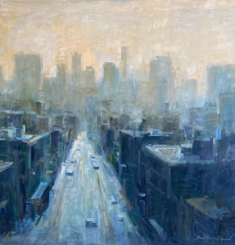 Dusk, original 32x38 abstract expressionist cityscape landscape For Sale 1