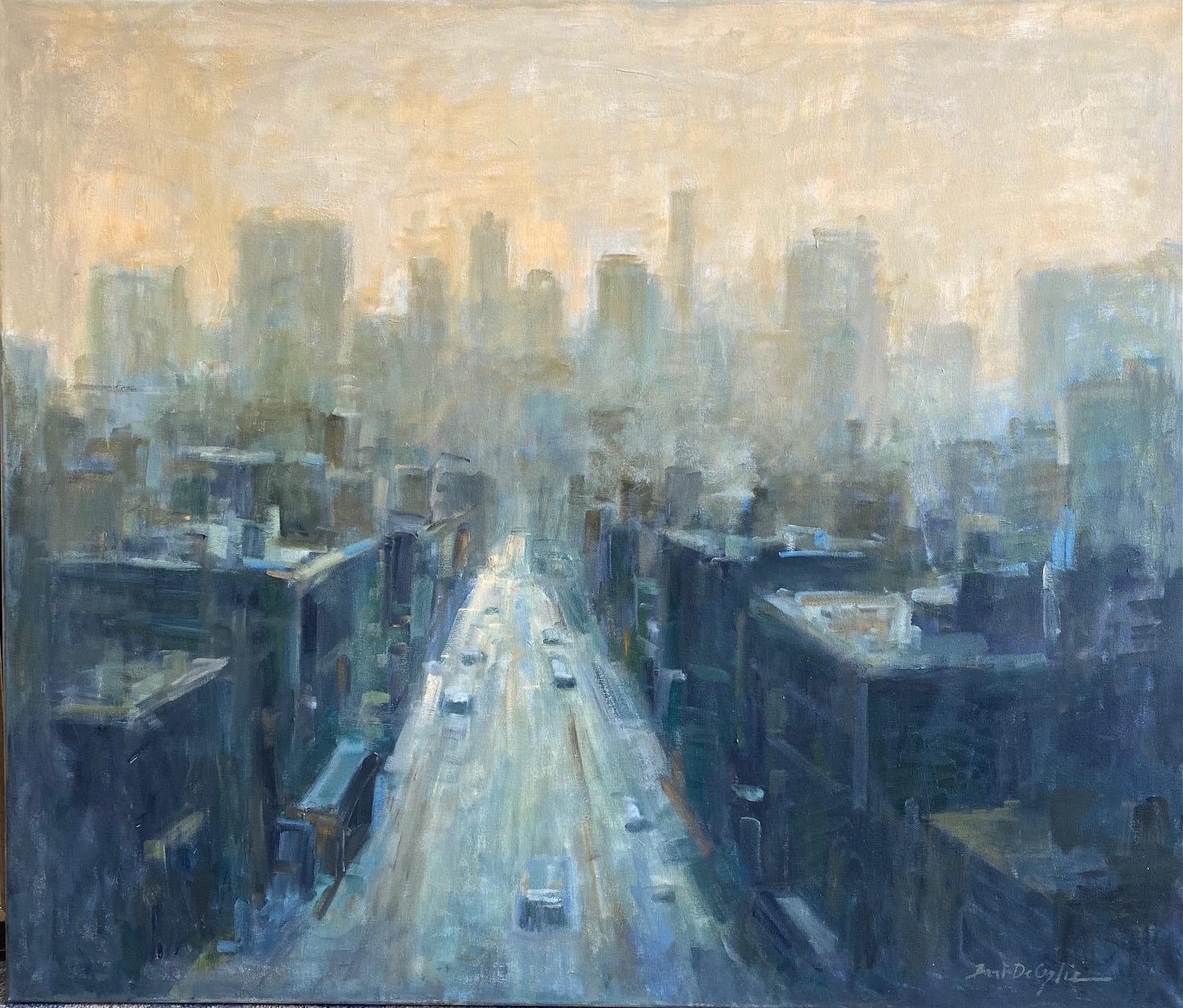 Dusk, original 32x38 abstract expressionist cityscape landscape