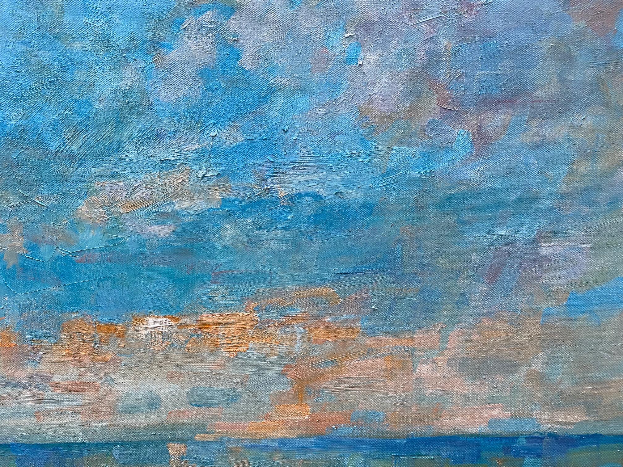 How wonder filled it is to witness the natural beauty of a sunrise over the ocean on one of those blessed early summer mornings.  You feel the ocean amidst while luxuriating in the dense aqua and apricot sky.  This 26x 32 abstract original oil