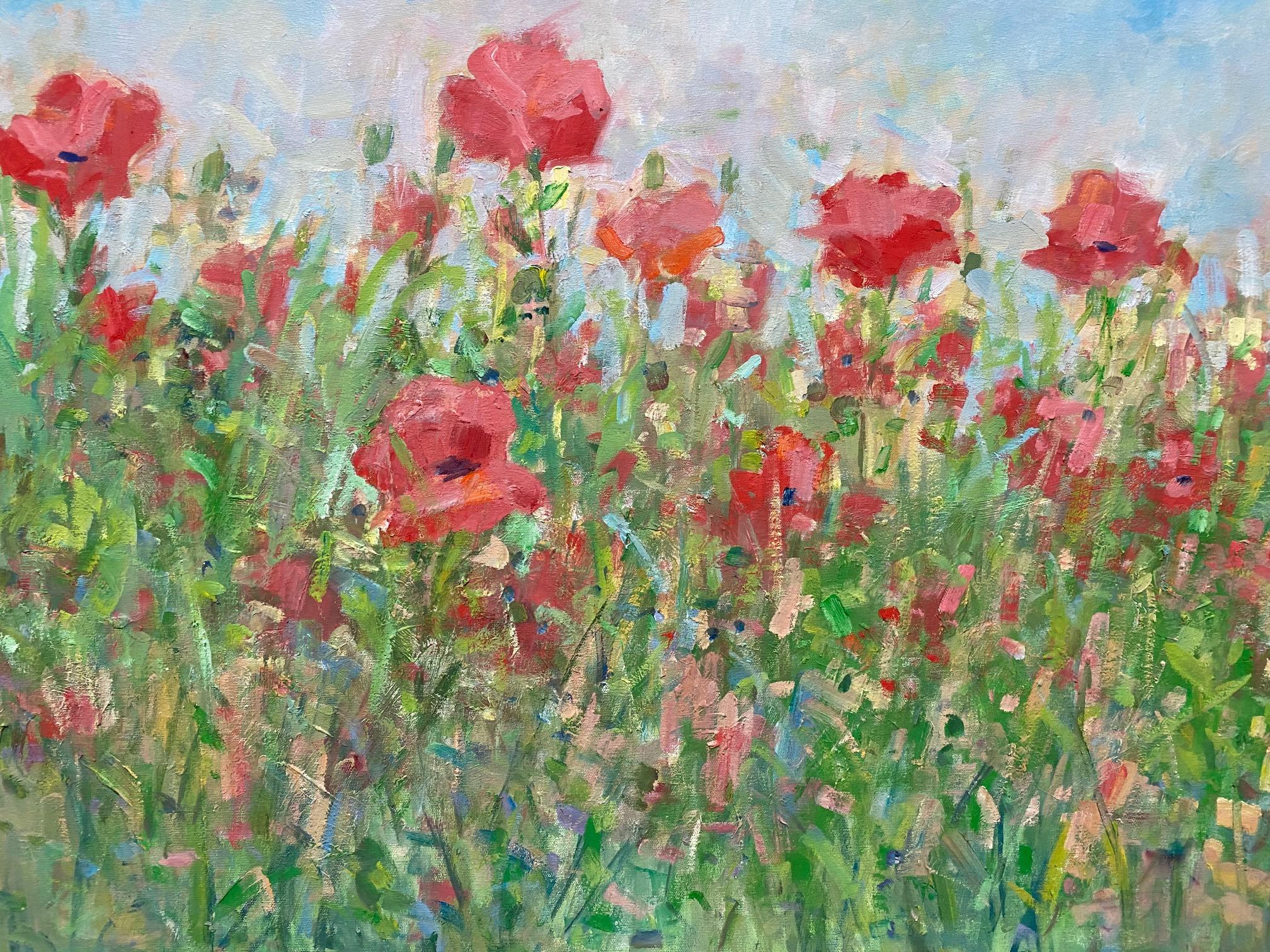 Field of Poppies, original 29x47 contemporary floral landscape - Painting by Bart DeCeglie