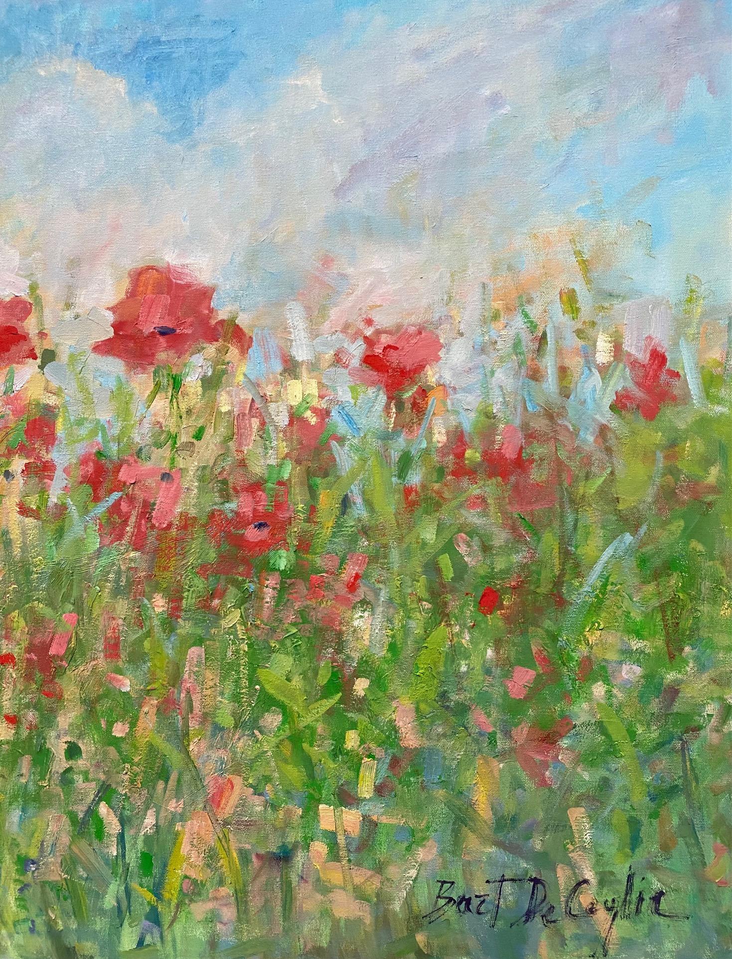 Field of Poppies, original 29x47 contemporary floral landscape - Brown Landscape Painting by Bart DeCeglie
