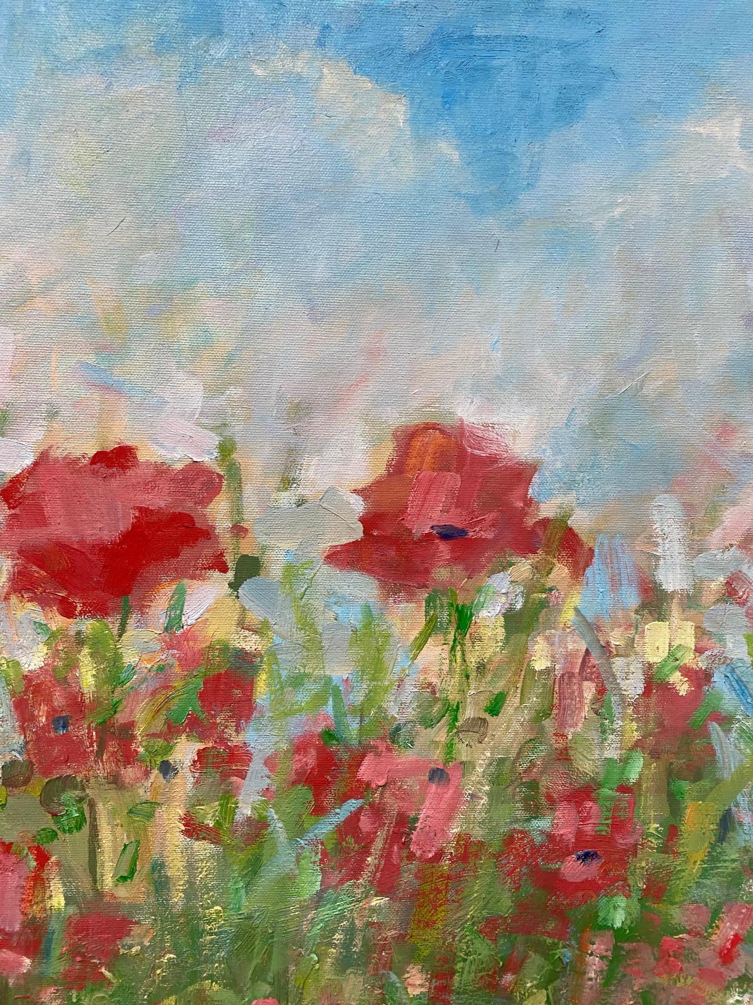 It's late April and the field of poppies is sumptuous and abundant!  These red wild flowers compete for the sunlight for their nutriment, fresh air and attention!  The vibrant greenery showcases the natural beauty in the contemporary floral