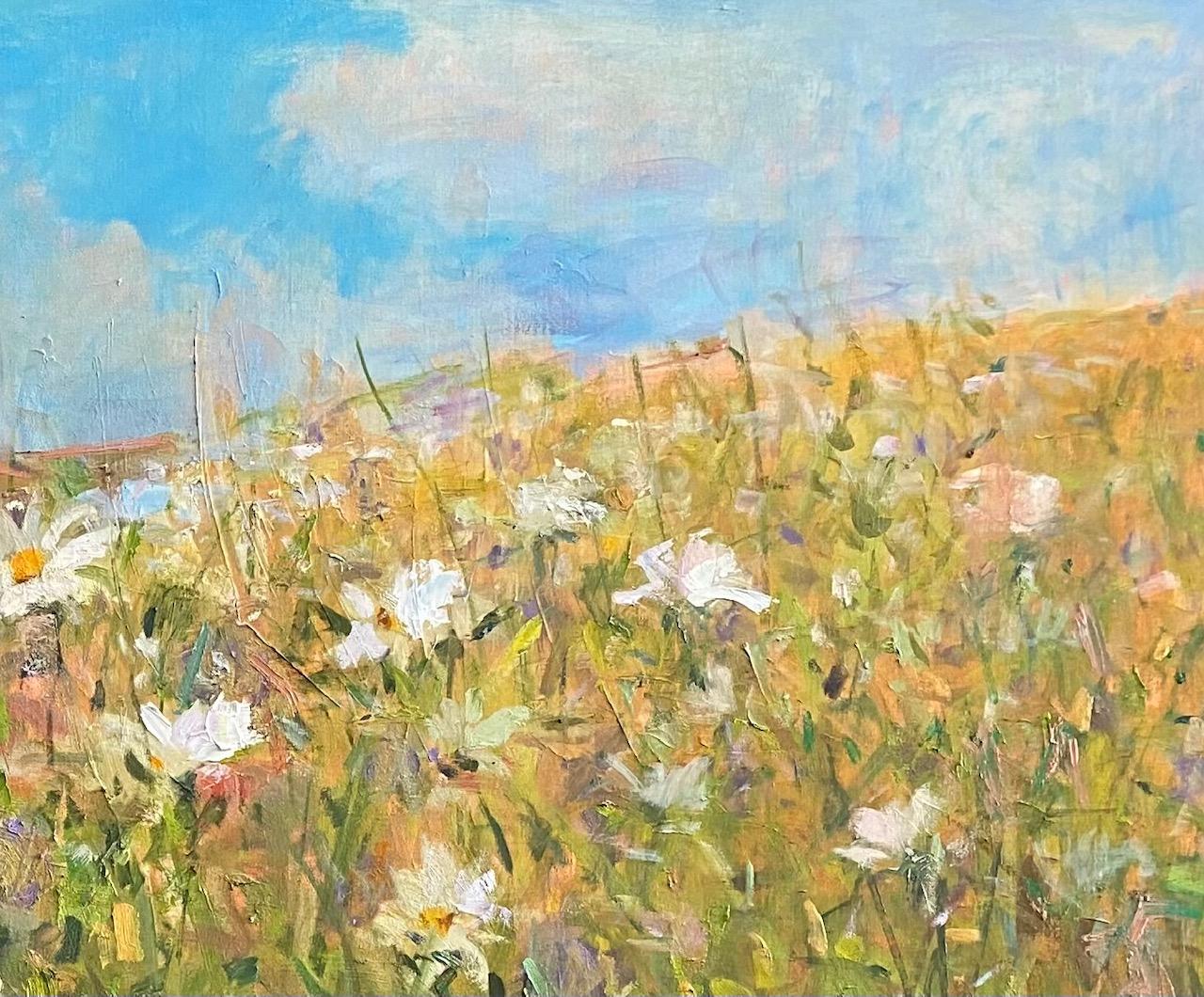 Flowering Fields, original 36x72 contemporary floral landscape - Painting by Bart DeCeglie
