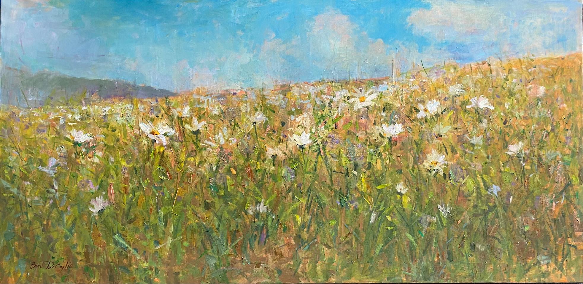 Flowering Fields, original 36x72 contemporary floral landscape - Contemporary Painting by Bart DeCeglie