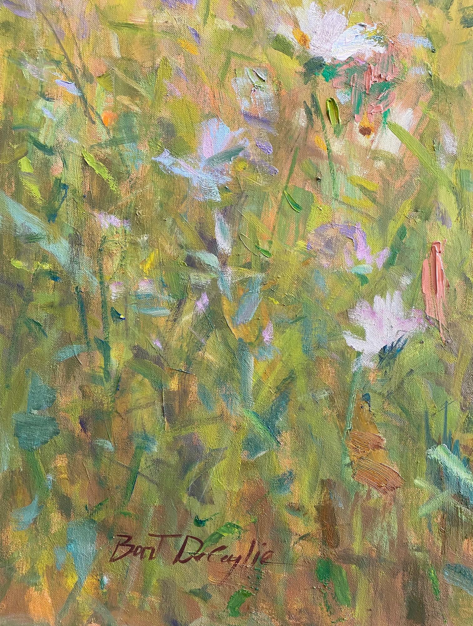 Flowering Fields, original 36x72 contemporary floral landscape - Brown Landscape Painting by Bart DeCeglie