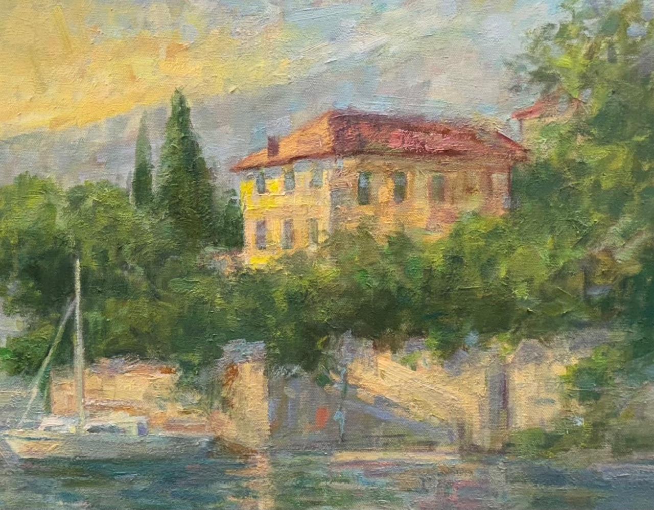 Lago di Como, paesaggio marino italiano impressionista originale - Painting di Bart DeCeglie