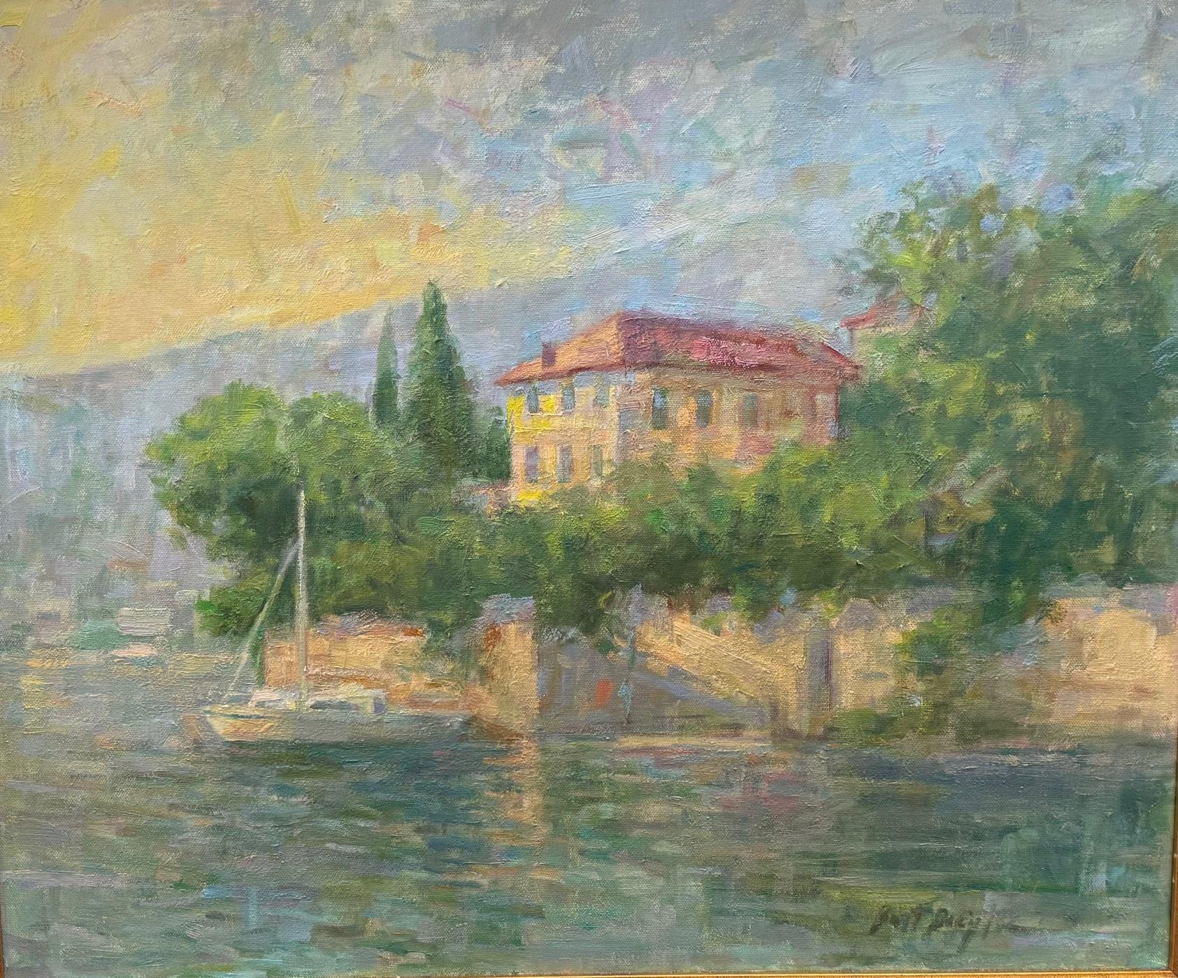 Lago di Como, paesaggio marino italiano impressionista originale - Painting Impressionismo di Bart DeCeglie