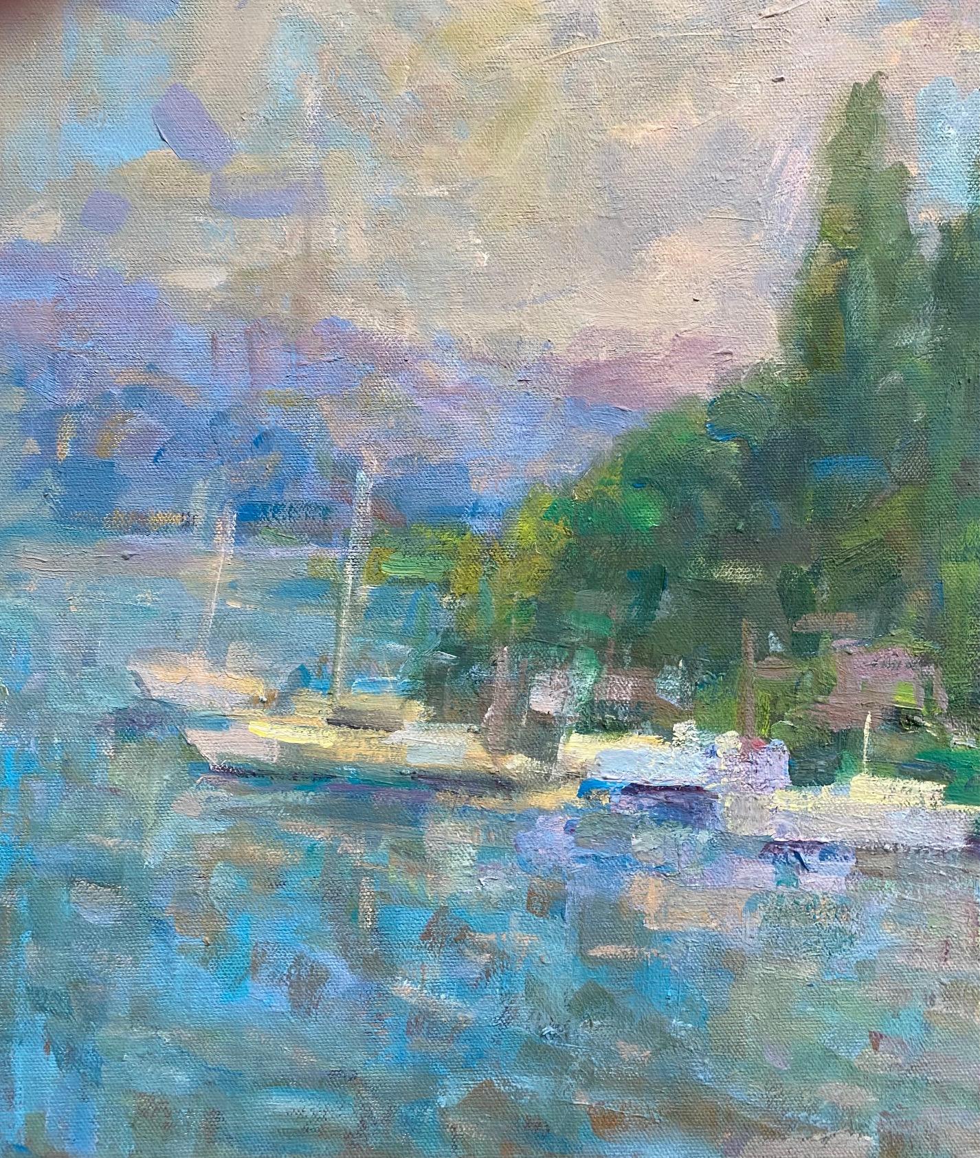 Set in the luxurious lake region of northern Italy, Lake Como is endlessly popular for it's private hideaways, exclusive resorts and jet setting crowds.  DeCeglie has used both classic impressionist impasto paint application and bold brush strokes