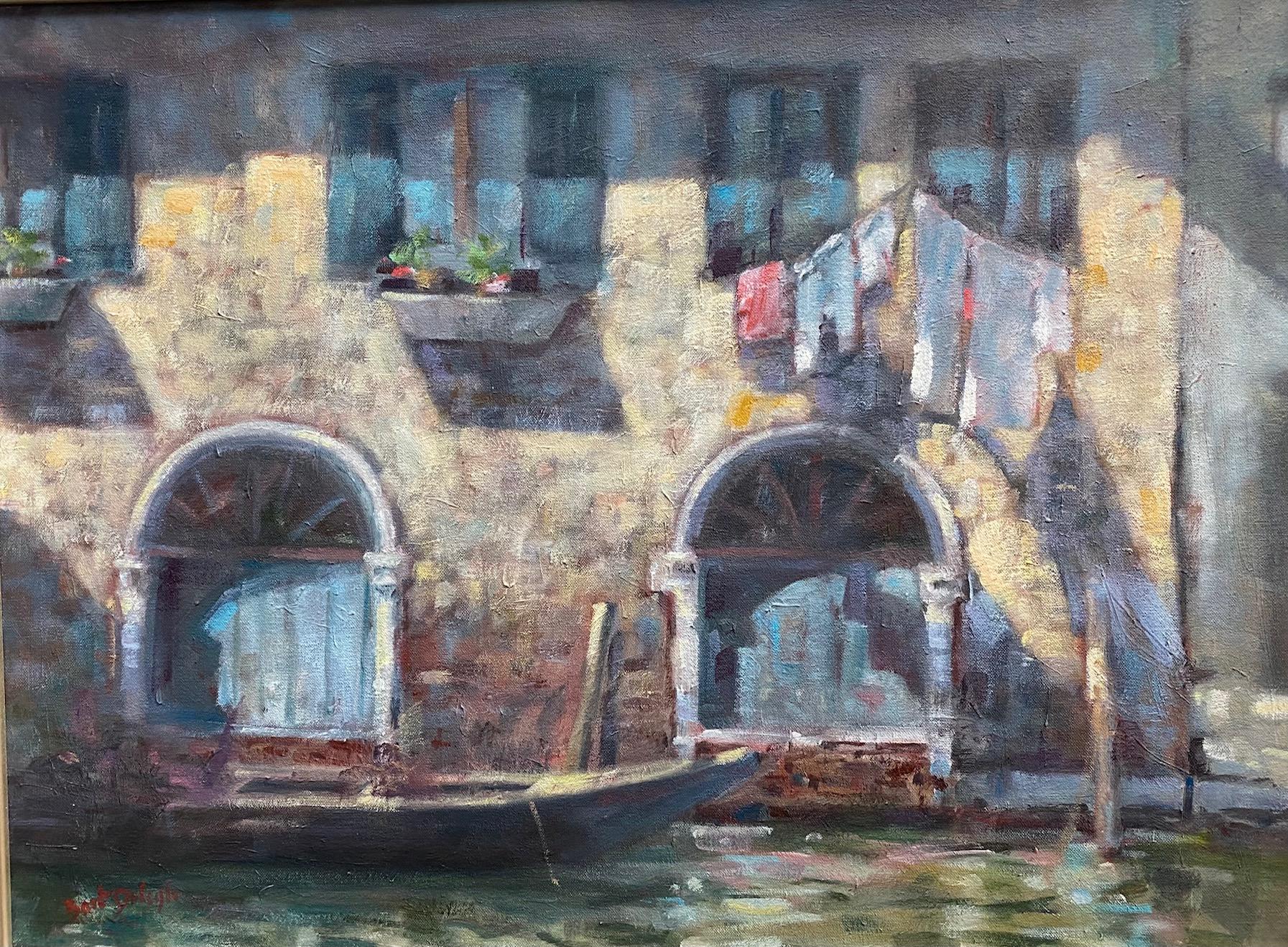 Lavandería en Venecia, paisaje italiano impresionista original - Painting de Bart DeCeglie