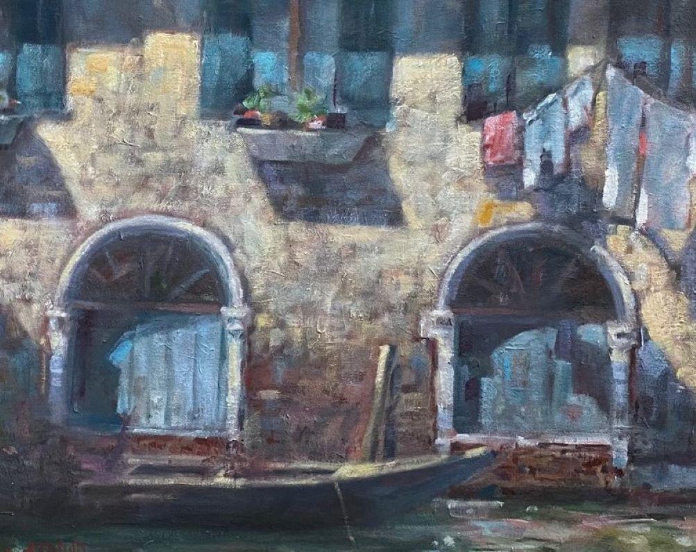 Lavandería en Venecia, paisaje italiano impresionista original en venta 1