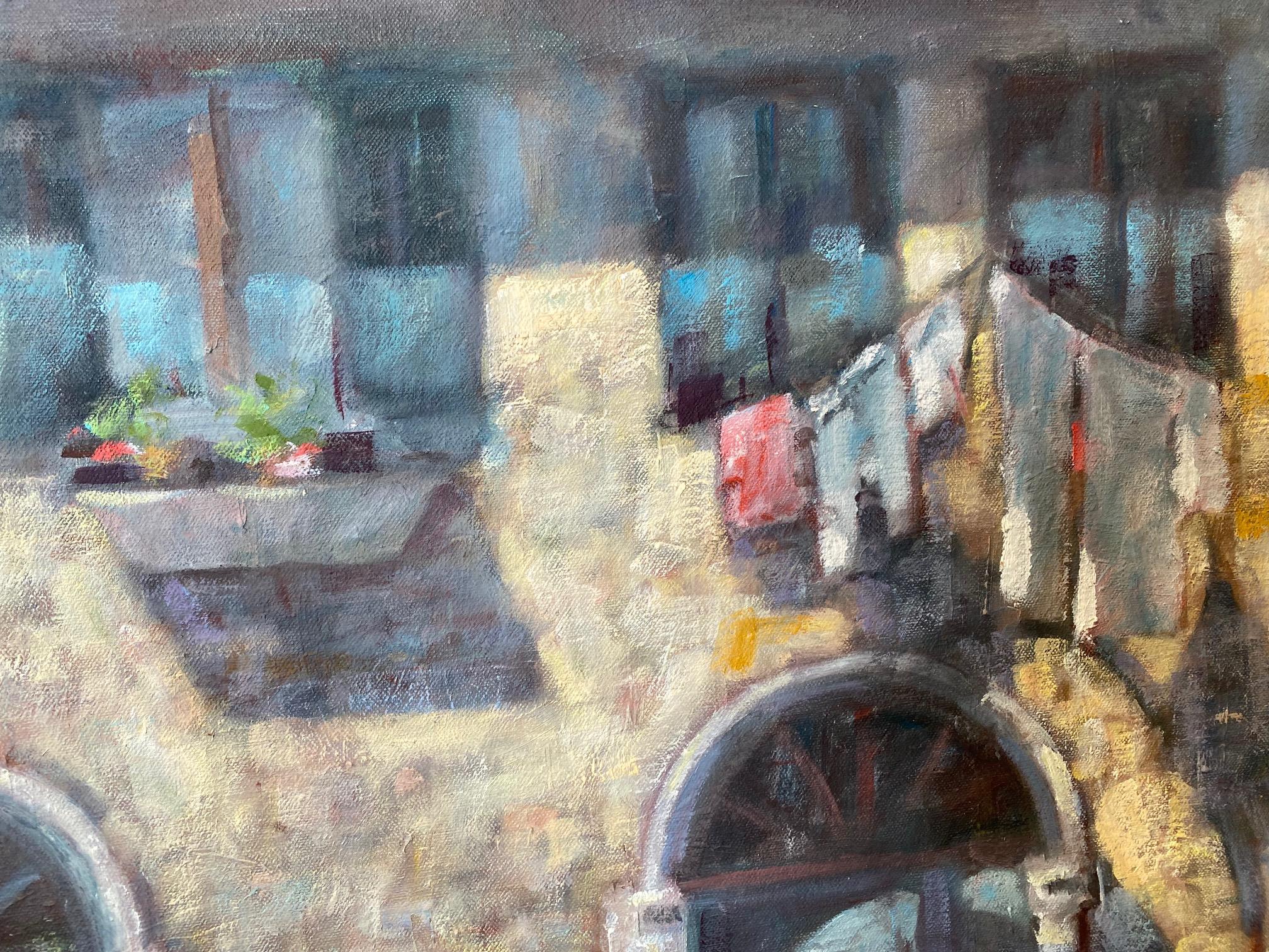 Lavandería en Venecia, paisaje italiano impresionista original - Landscape Painting Gris de Bart DeCeglie