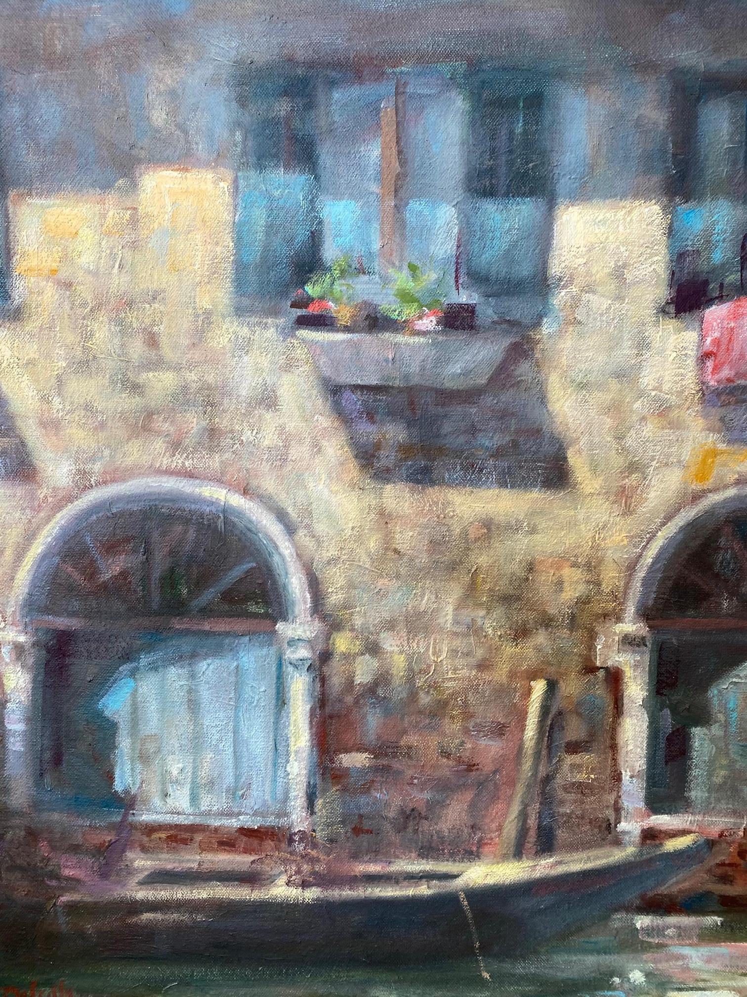 Lavandería en Venecia, paisaje italiano impresionista original - Painting Impresionista de Bart DeCeglie