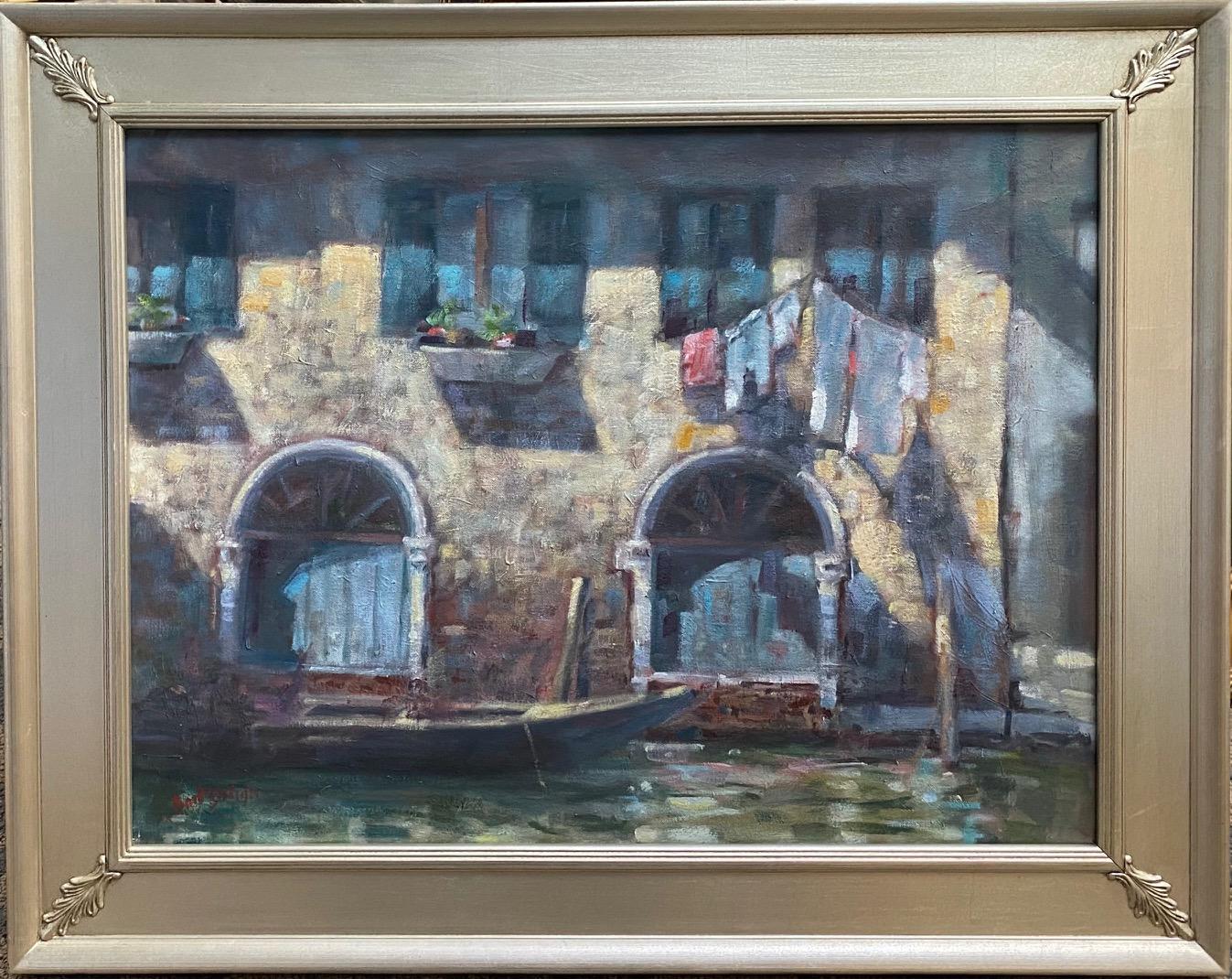 Landscape Painting de Bart DeCeglie - Lavandería en Venecia, paisaje italiano impresionista original