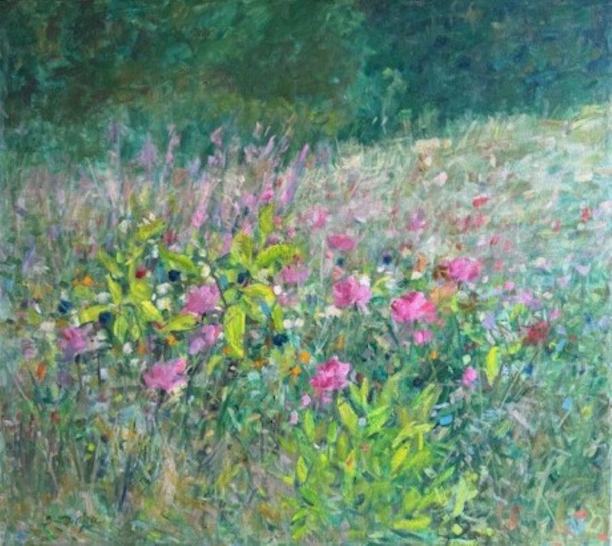 Morning Meadow, original 36x40 paysage floral impressionniste contemporain - Painting de Bart DeCeglie
