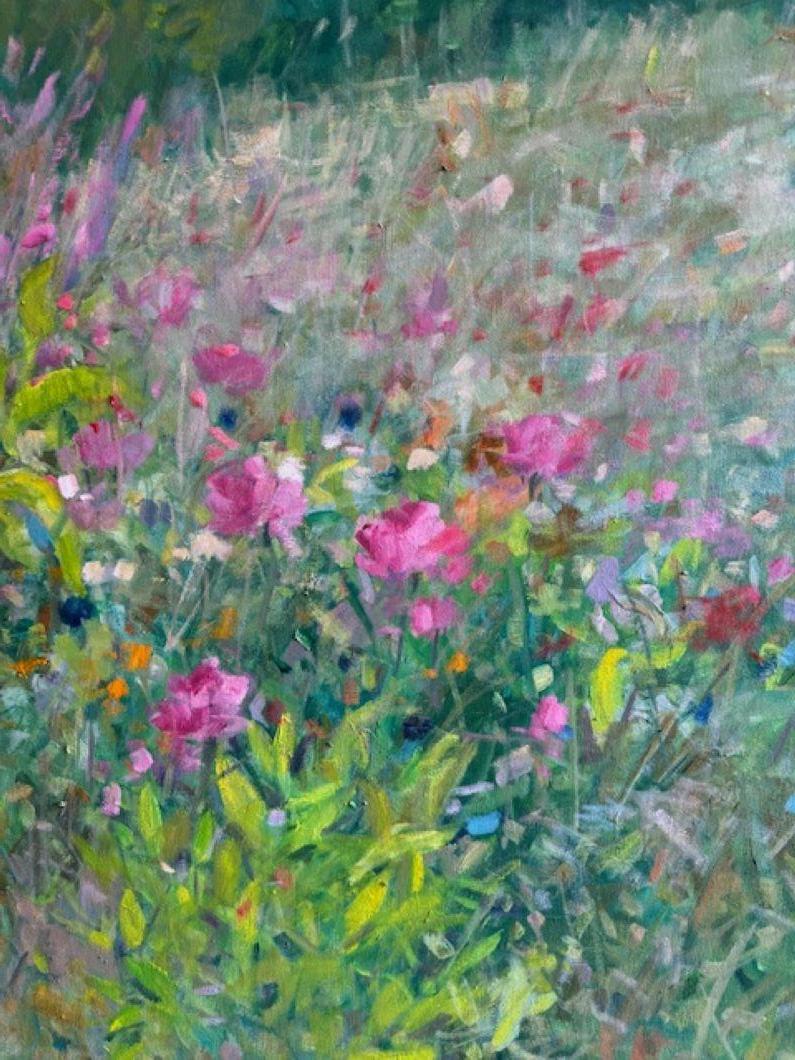 Morning Meadow, original 36x40 paysage floral impressionniste contemporain - Gris Landscape Painting par Bart DeCeglie