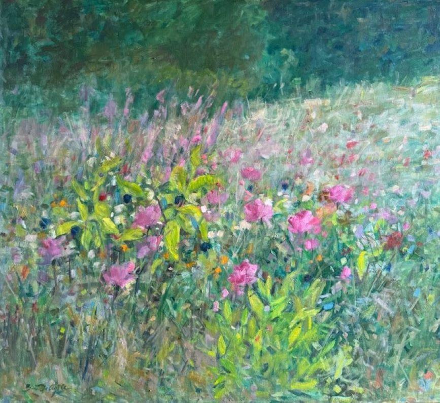 Landscape Painting Bart DeCeglie - Morning Meadow, original 36x40 paysage floral impressionniste contemporain