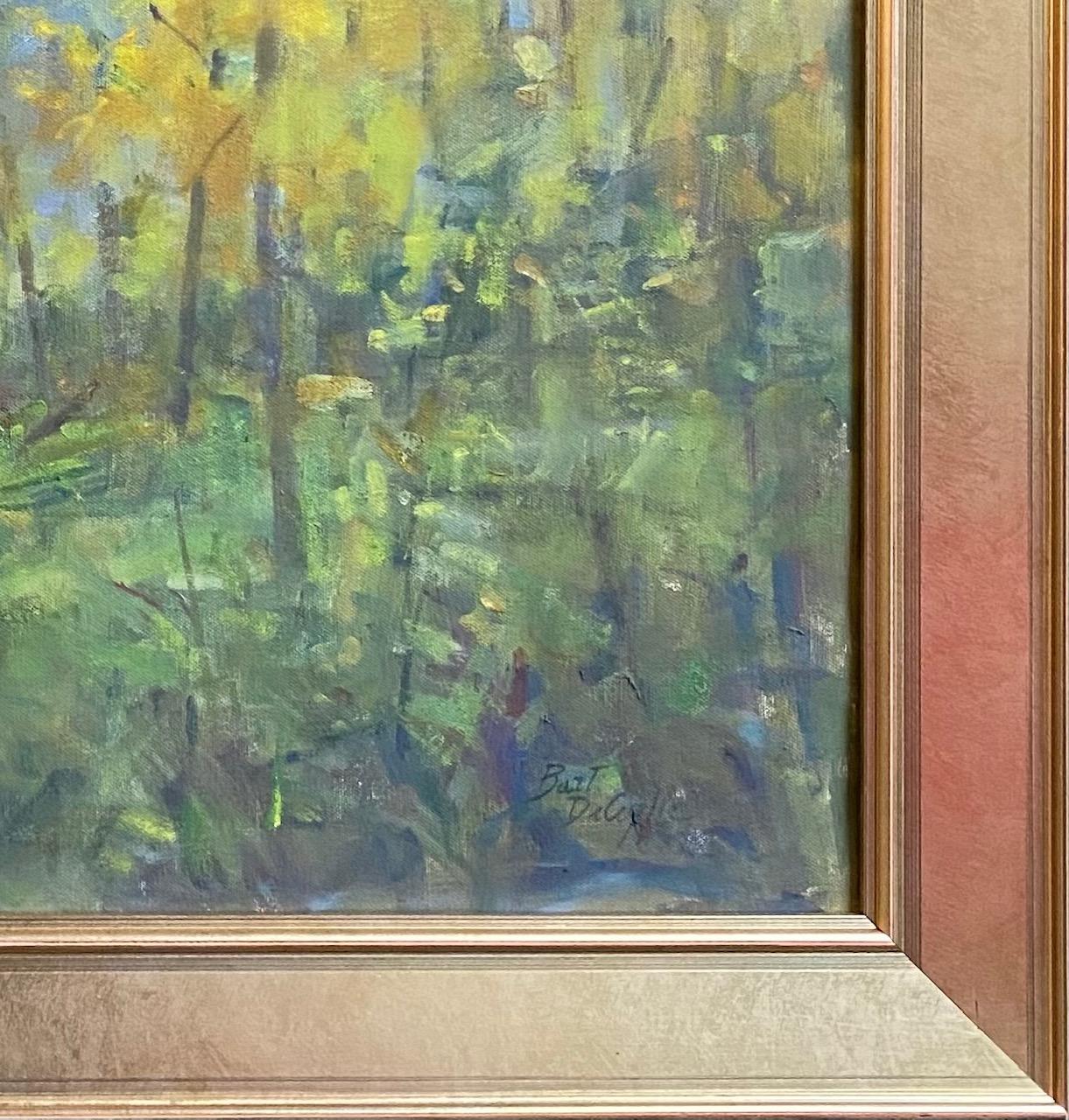 As the light penetrates through the golden and green leaves during a morning walk in the woods, a feeling of unity with nature abounds. The use of heavy impasto layering of paint and bold brush strokes enhances the elements in this original oil