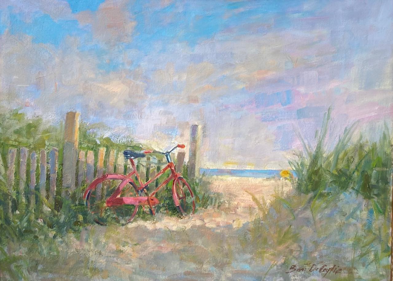 Red Bike, original impressionist marine landscape - Painting by Bart DeCeglie