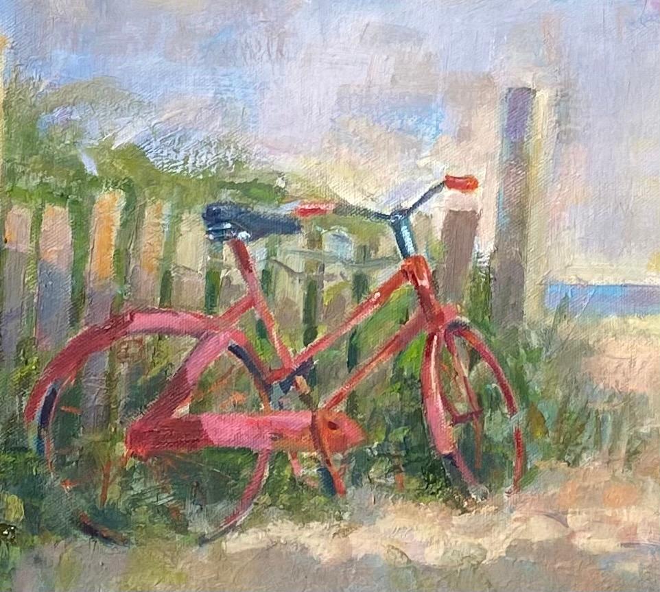 Red Bike, original impressionist marine landscape - Impressionist Painting by Bart DeCeglie