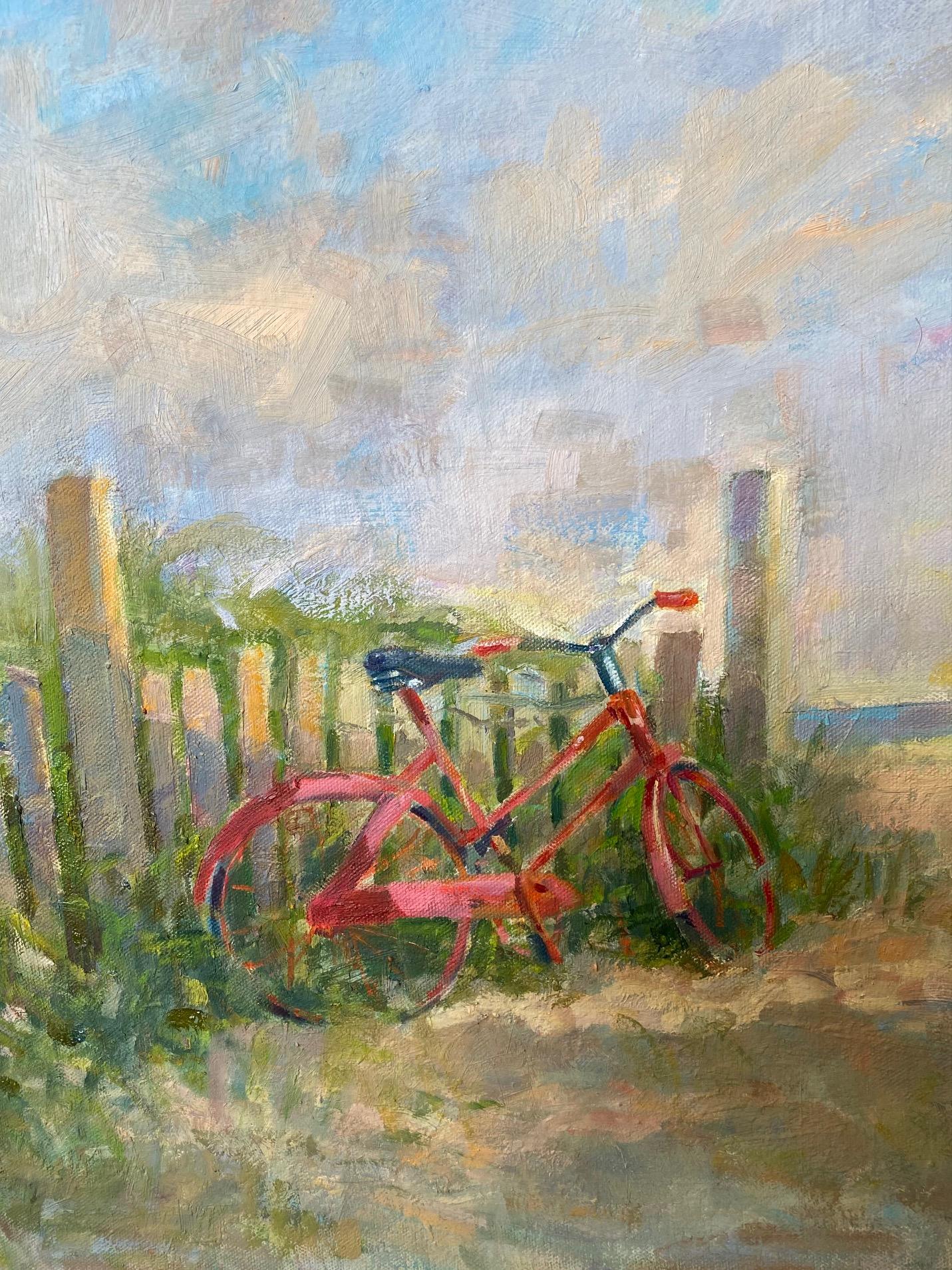 Red Bike, original impressionist marine landscape - Gray Landscape Painting by Bart DeCeglie