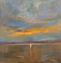 Amanecer, paisaje marino expresionista abstracto original de 32x32