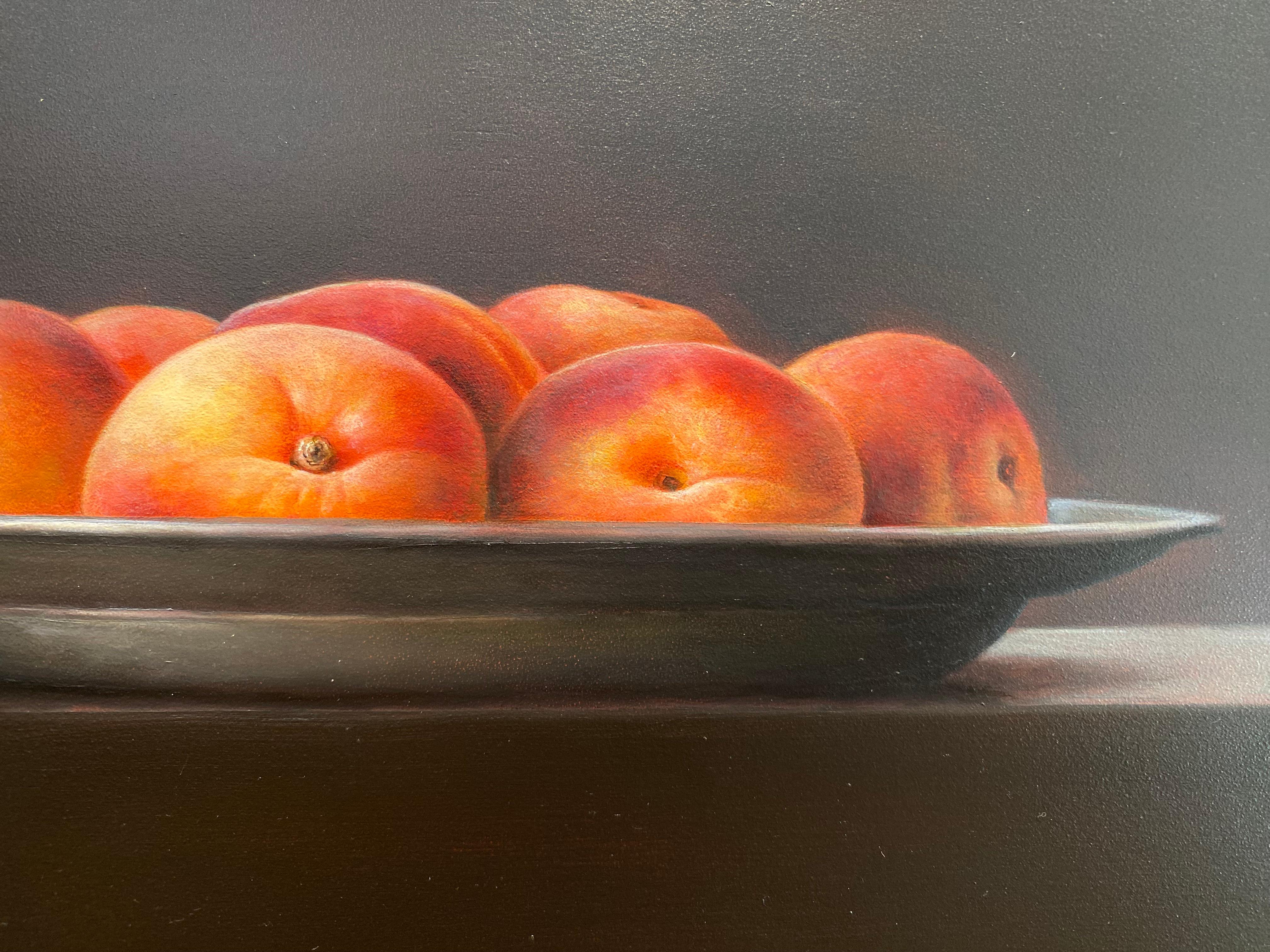 Bowl of Peaches - 21st Century Contemporary Realistic Still Life Fruit Painting For Sale 1