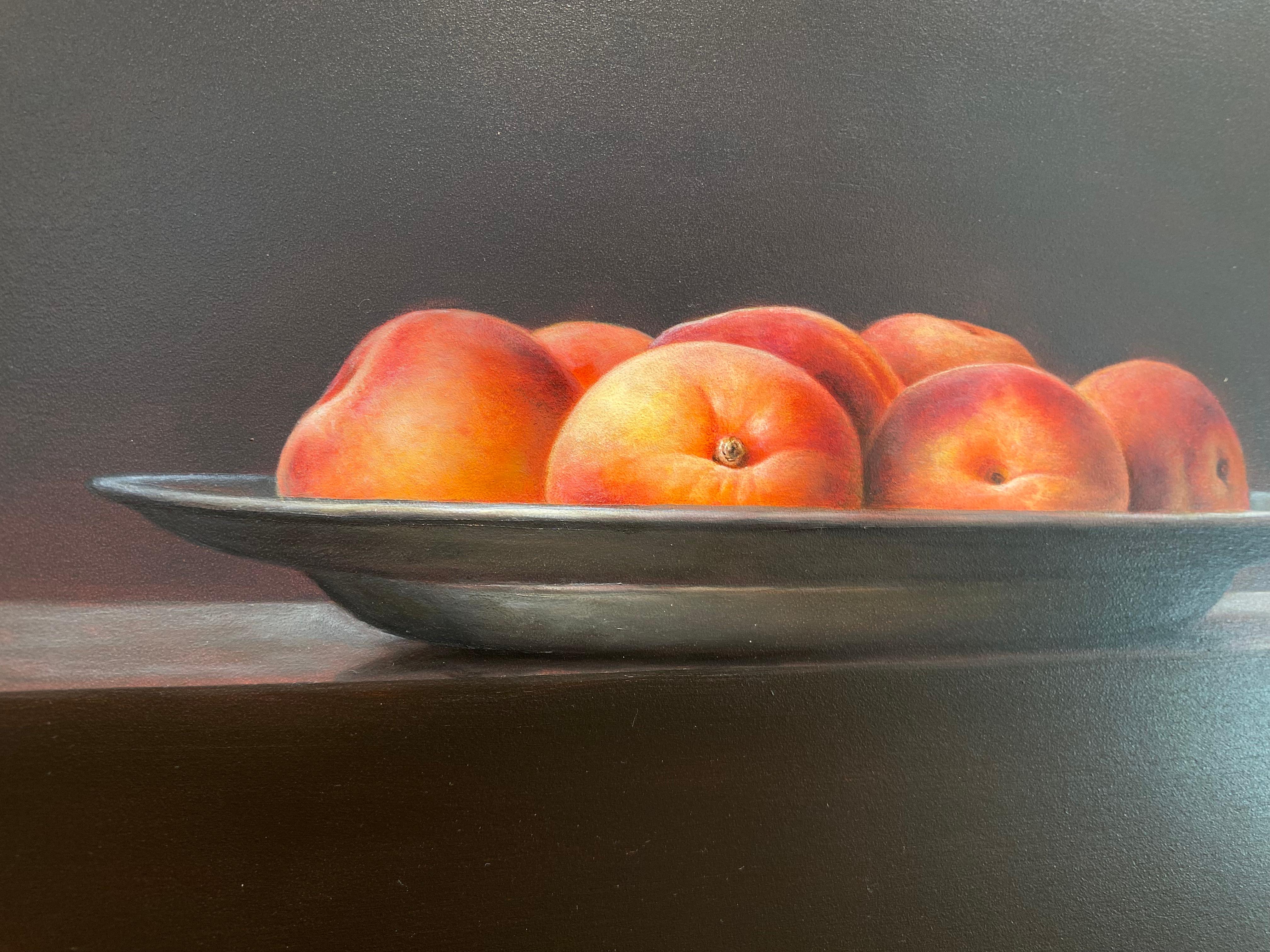 Bowl of Peaches - 21st Century Contemporary Realistic Still Life Fruit Painting For Sale 2