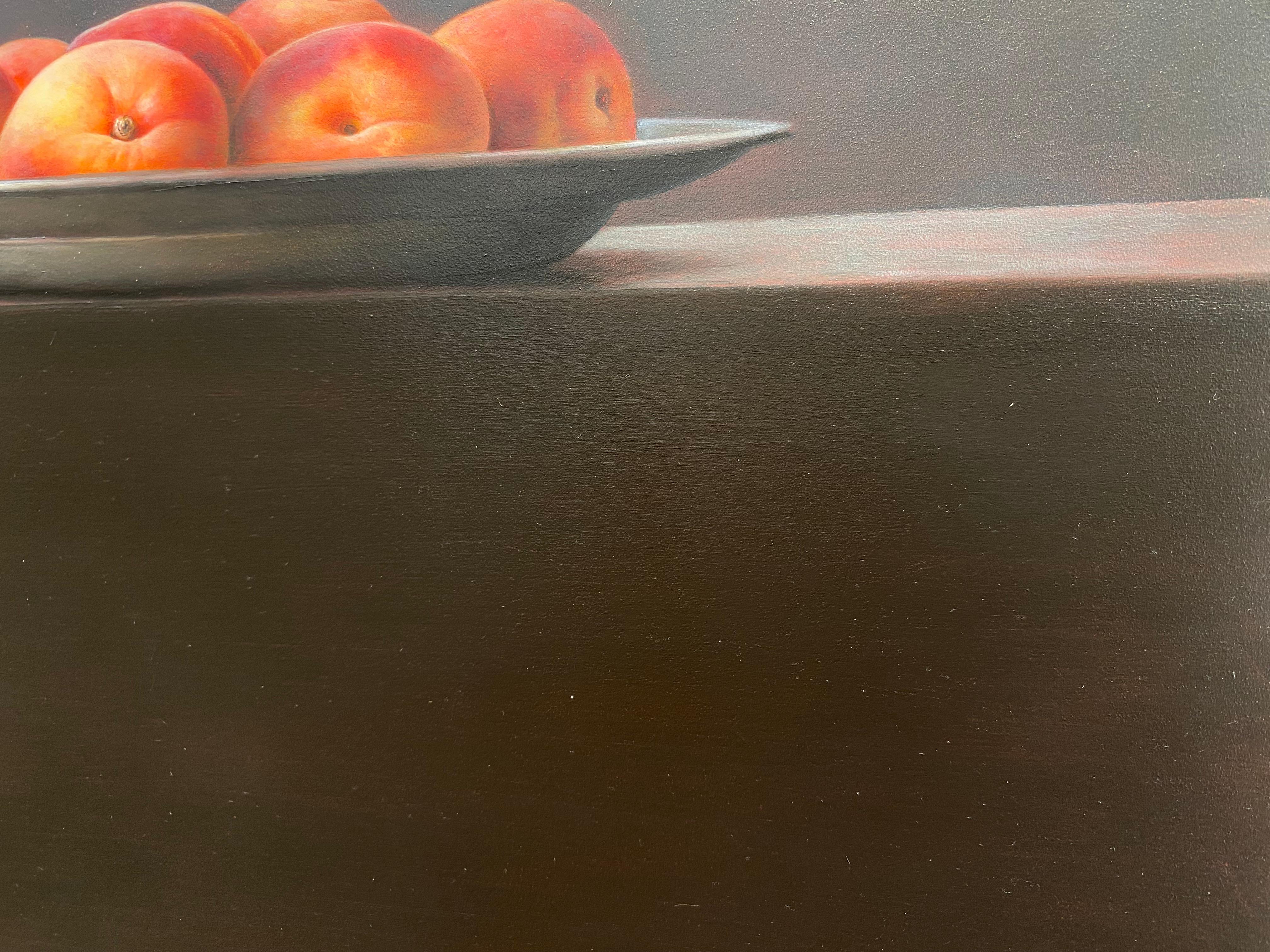 Bowl of Peaches - 21st Century Contemporary Realistic Still Life Fruit Painting For Sale 4