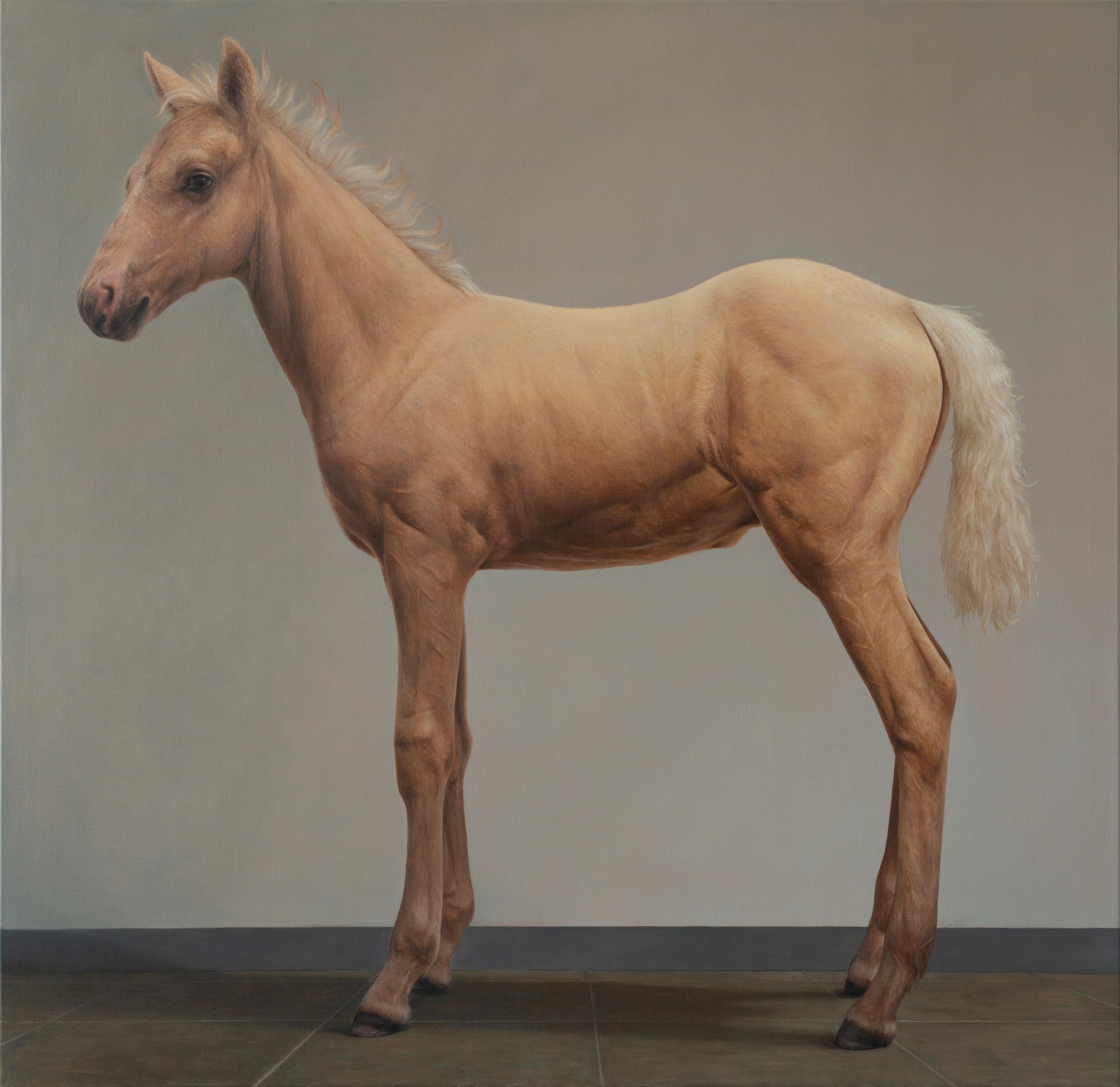 Figurative Painting Bart Koning - Fowl- 21ème siècle Peinture à l'huile contemporaine hyper réaliste d'un cheval 