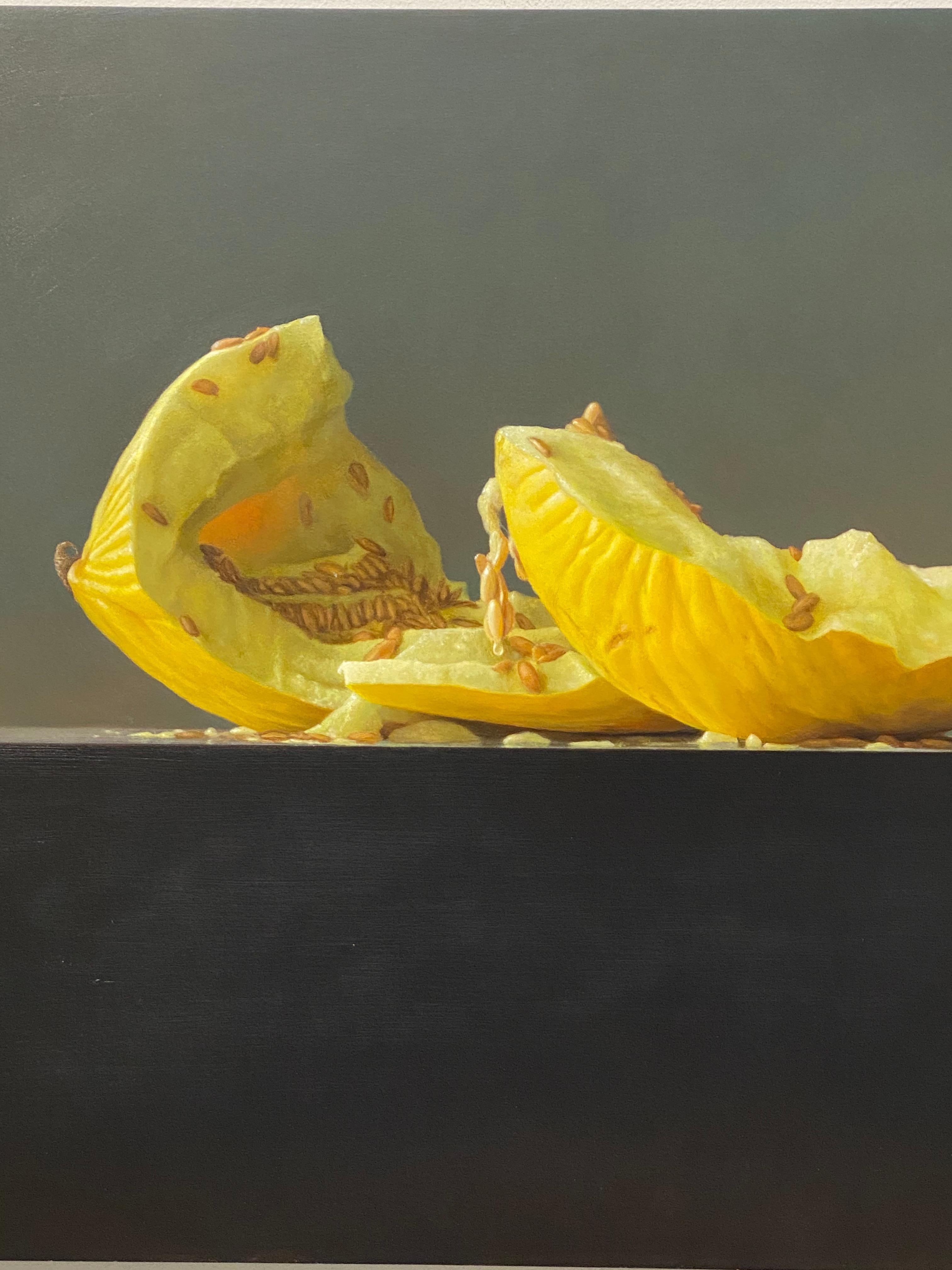 Honeydew Melo- 21st Century Still-life  painting of a yellow Melon - Black Figurative Painting by Bart Koning