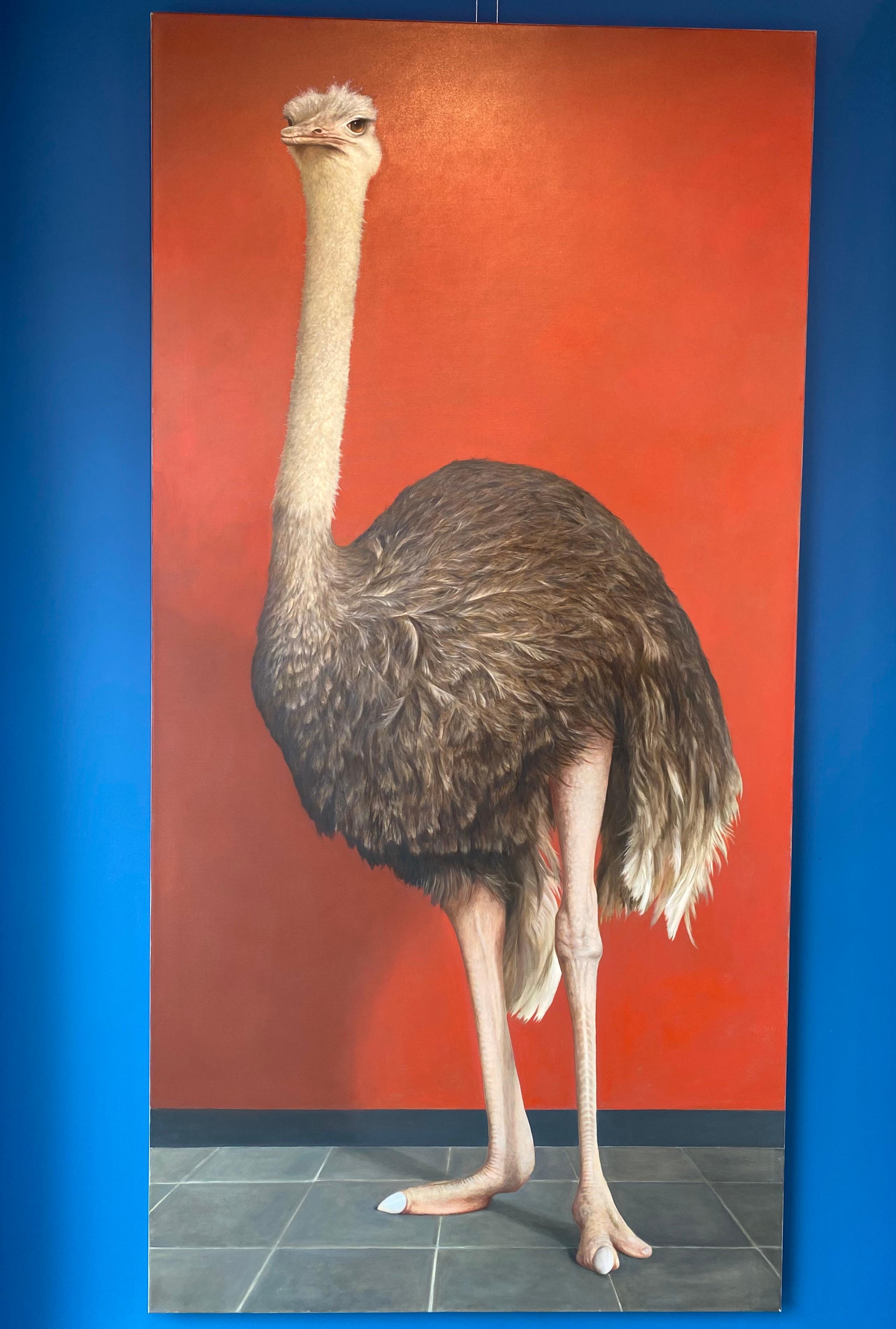 Ostrich in Front of a Red Wall -21st Century Contemporary Realistic Painting (Schwarz), Still-Life Painting, von Bart Koning