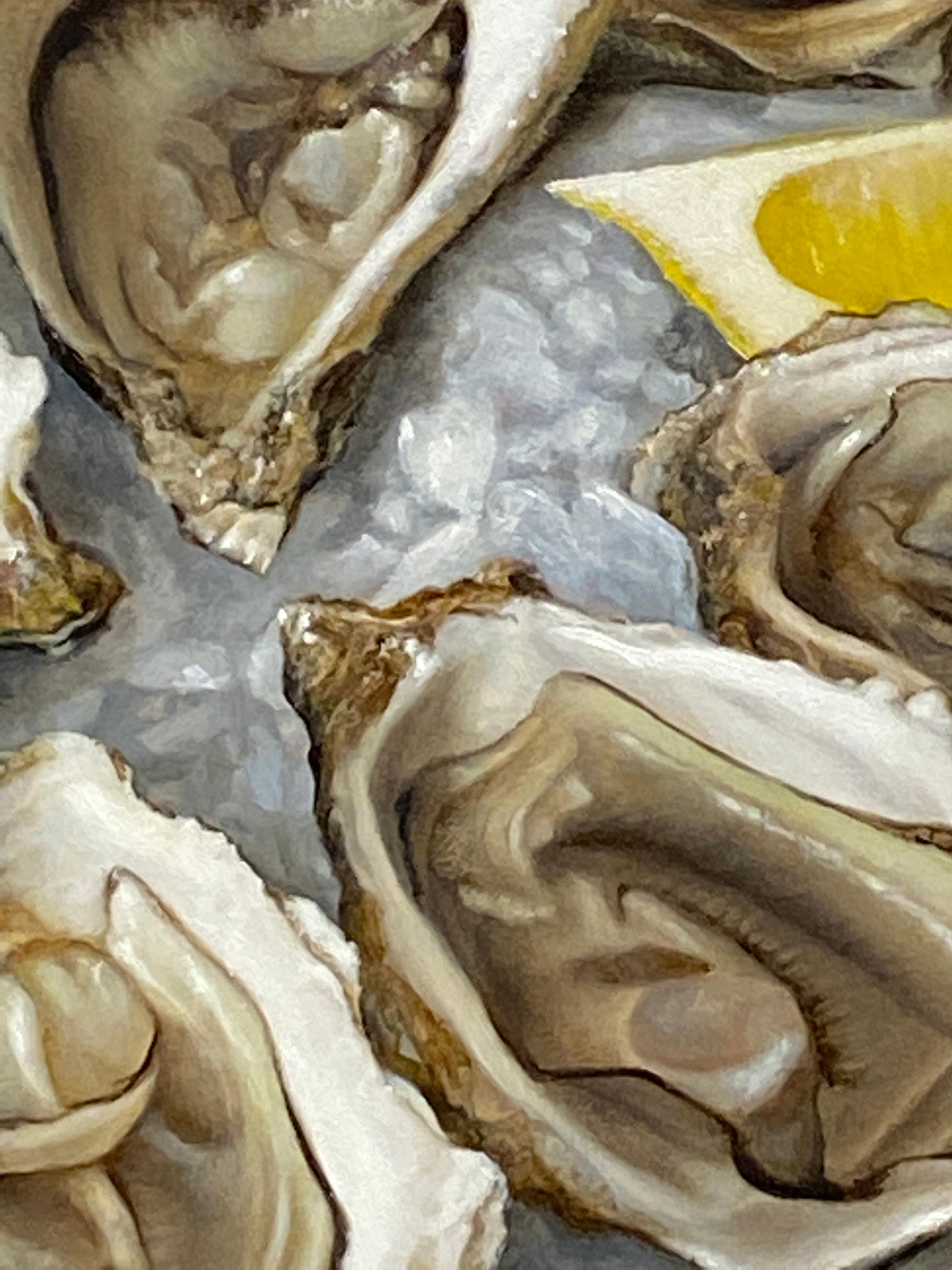 Oysters - 21st Century Still-life painting of a plate with Oysters , Ice & Lemon - Black Figurative Painting by Bart Koning