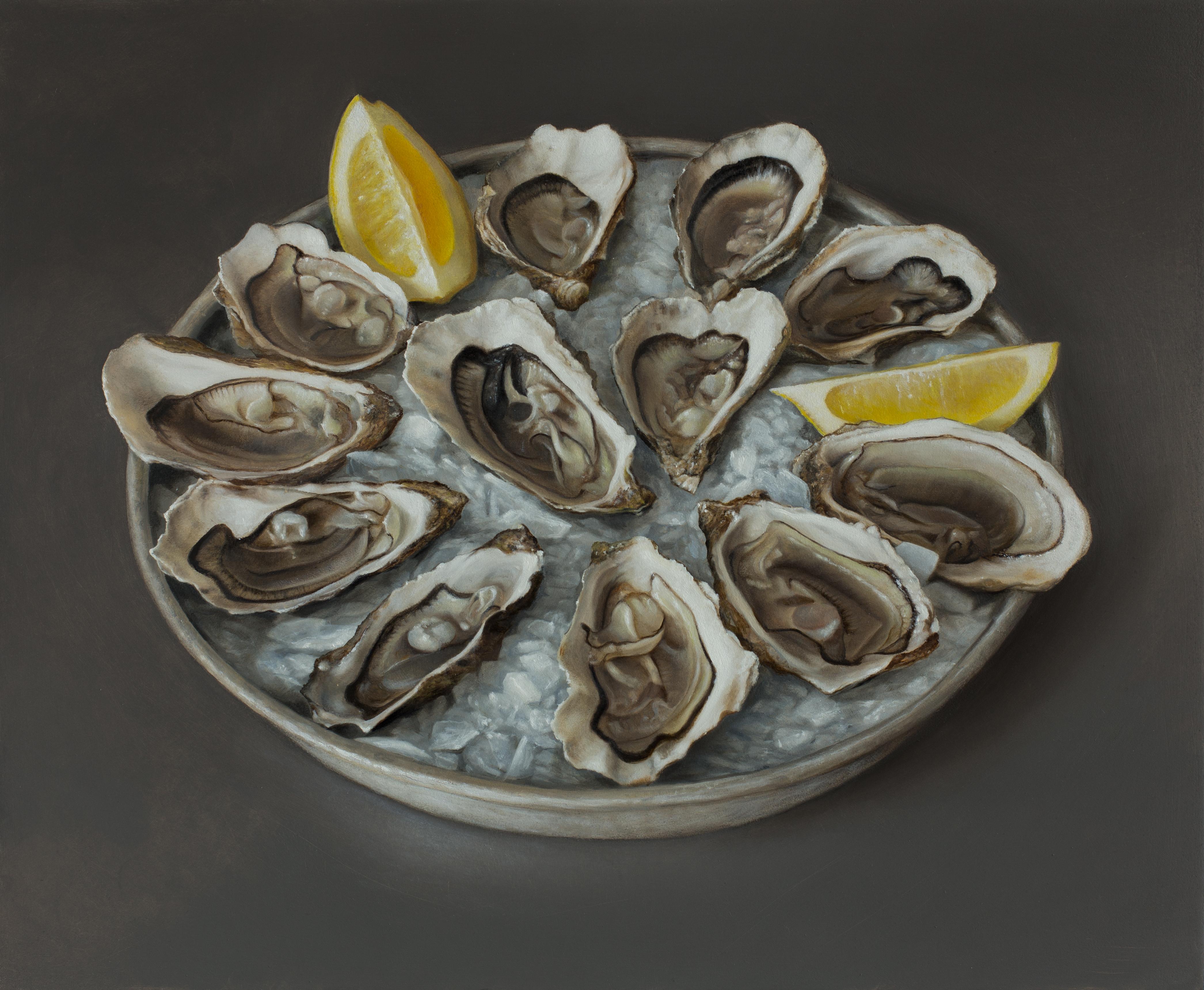 Bart Koning Figurative Painting - Oysters - 21st Century Still-life painting of a plate with Oysters , Ice & Lemon
