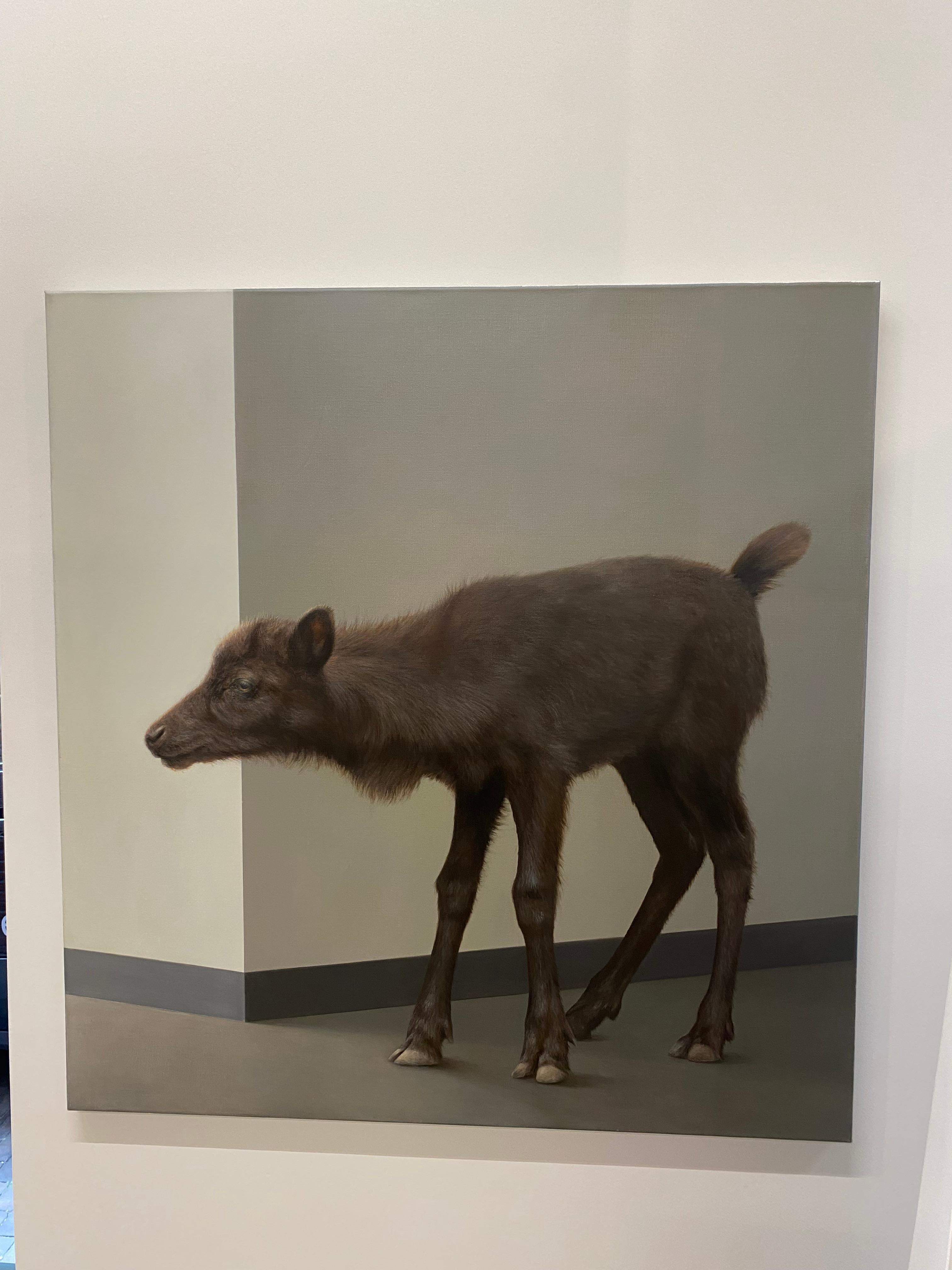 Reindeer Calf - 21 Century Contemporary Painting of an Animal - Black Animal Painting by Bart Koning