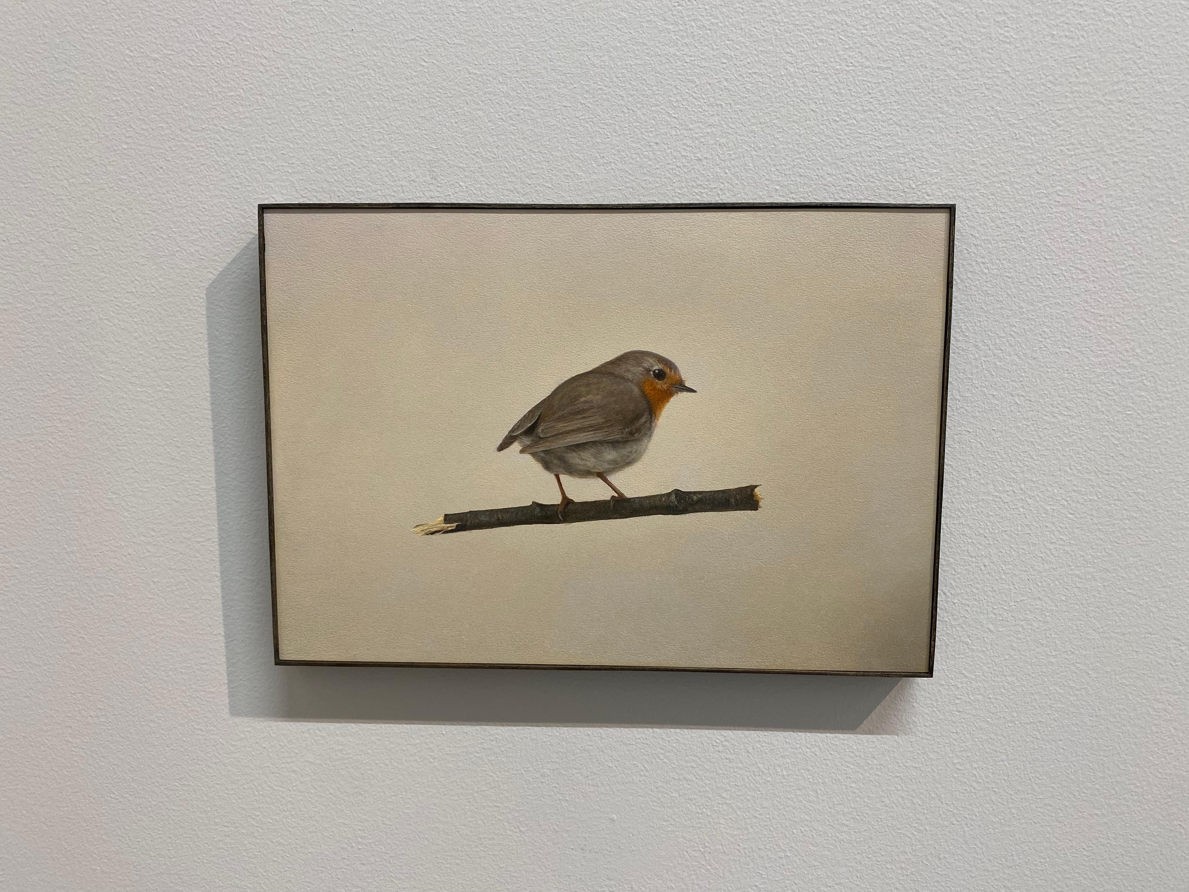 Robin -21st Century Contemporary Realistic Still life Painting of a Bird - Beige Figurative Painting by Bart Koning