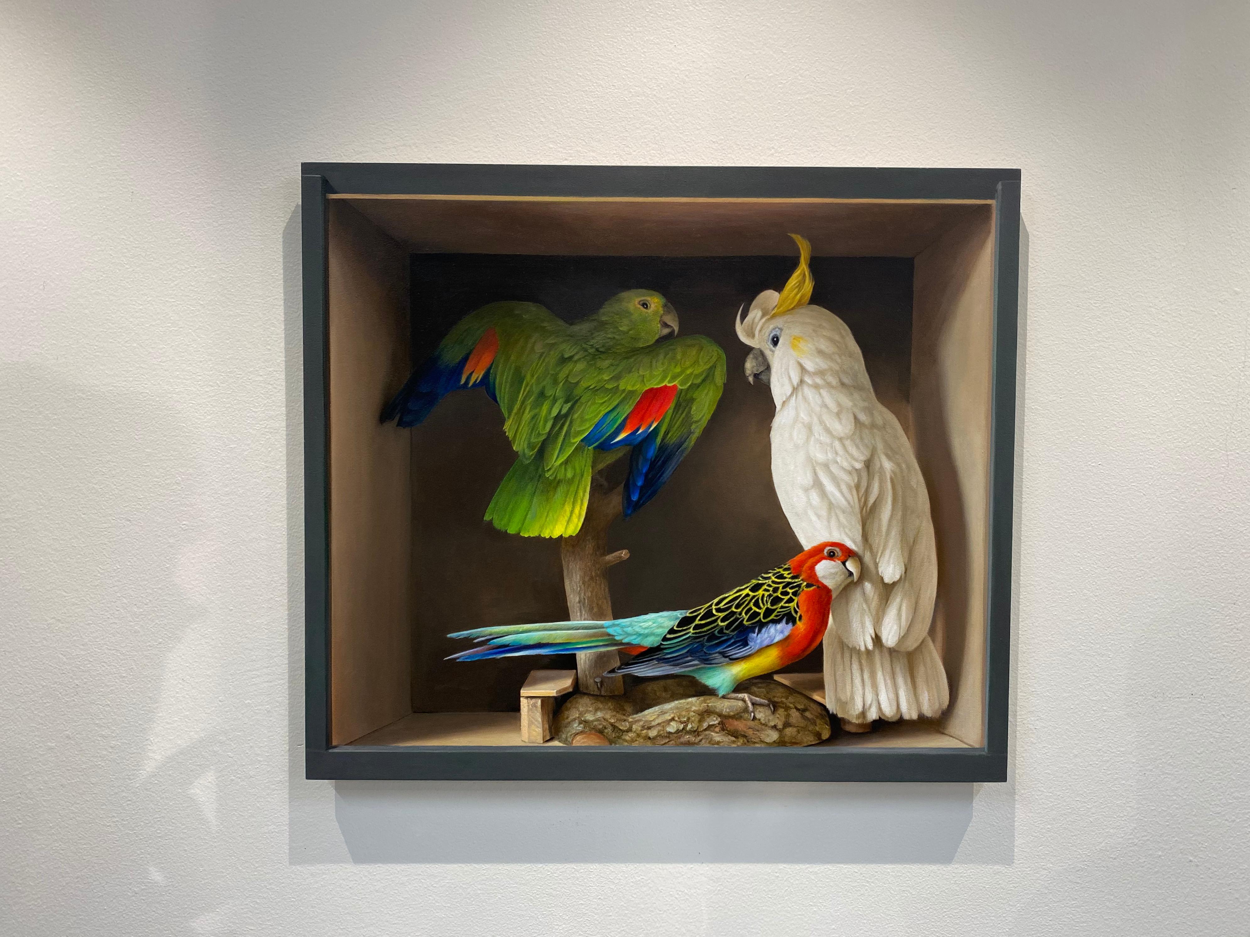 Three birds - 21st Century Still-life painting of a box with three stuffed birds - Painting by Bart Koning