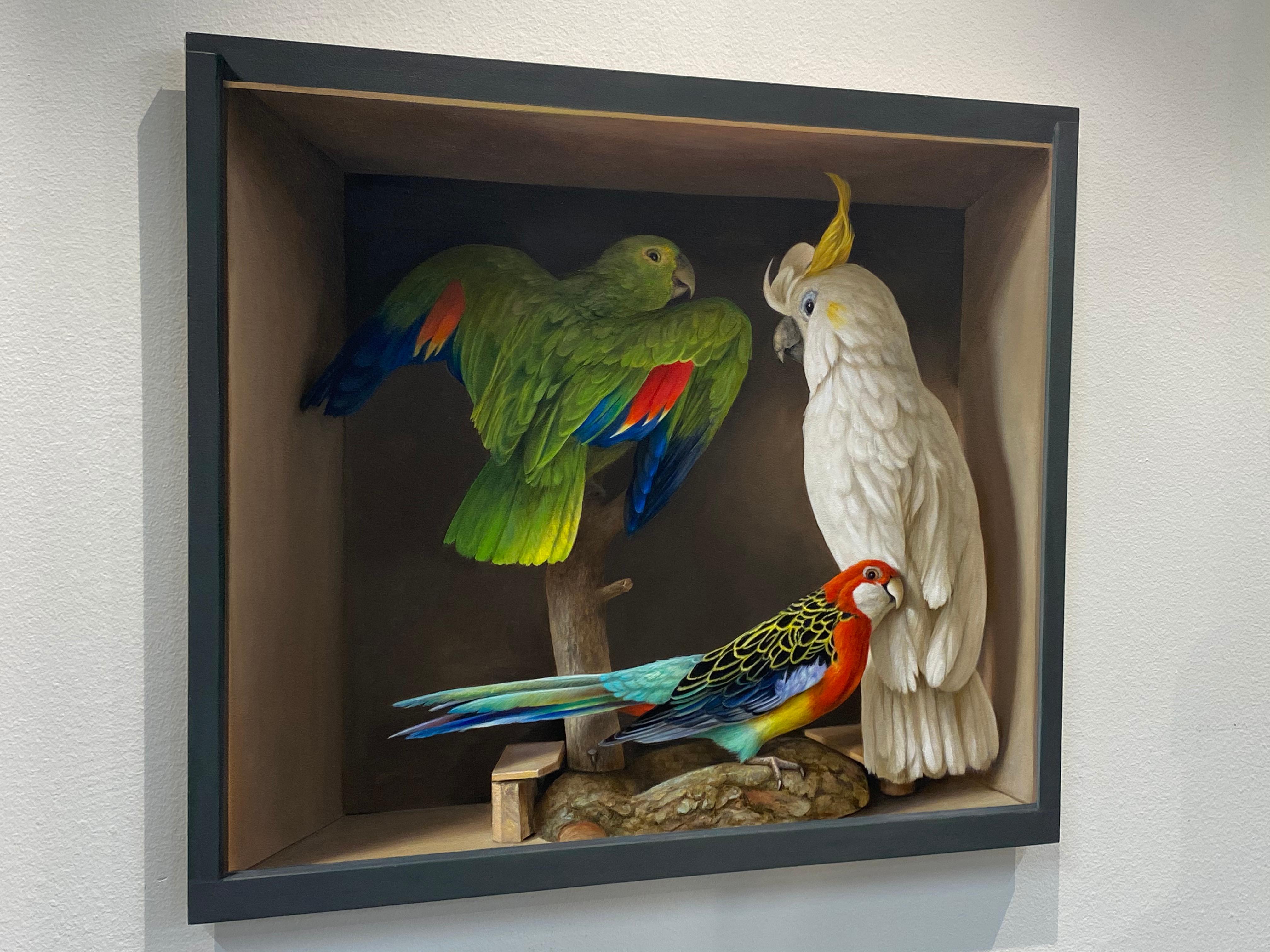 Drei Vögel – Stillleben des 21. Jahrhunderts, Gemälde einer Schachtel mit drei getrockneten Vögeln (Zeitgenössisch), Painting, von Bart Koning