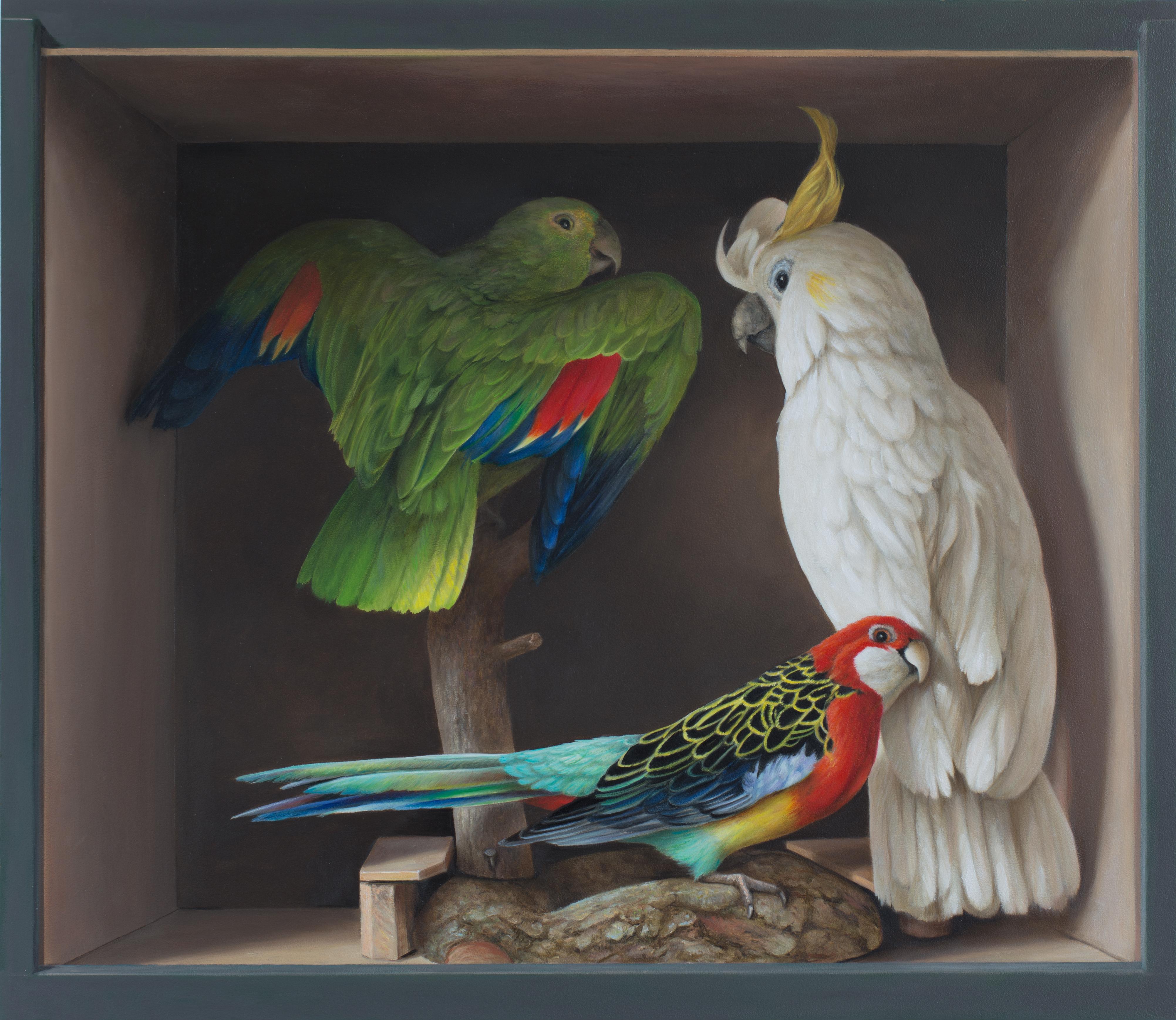 Three birds - 21st Century Still-life painting of a box with three stuffed birds