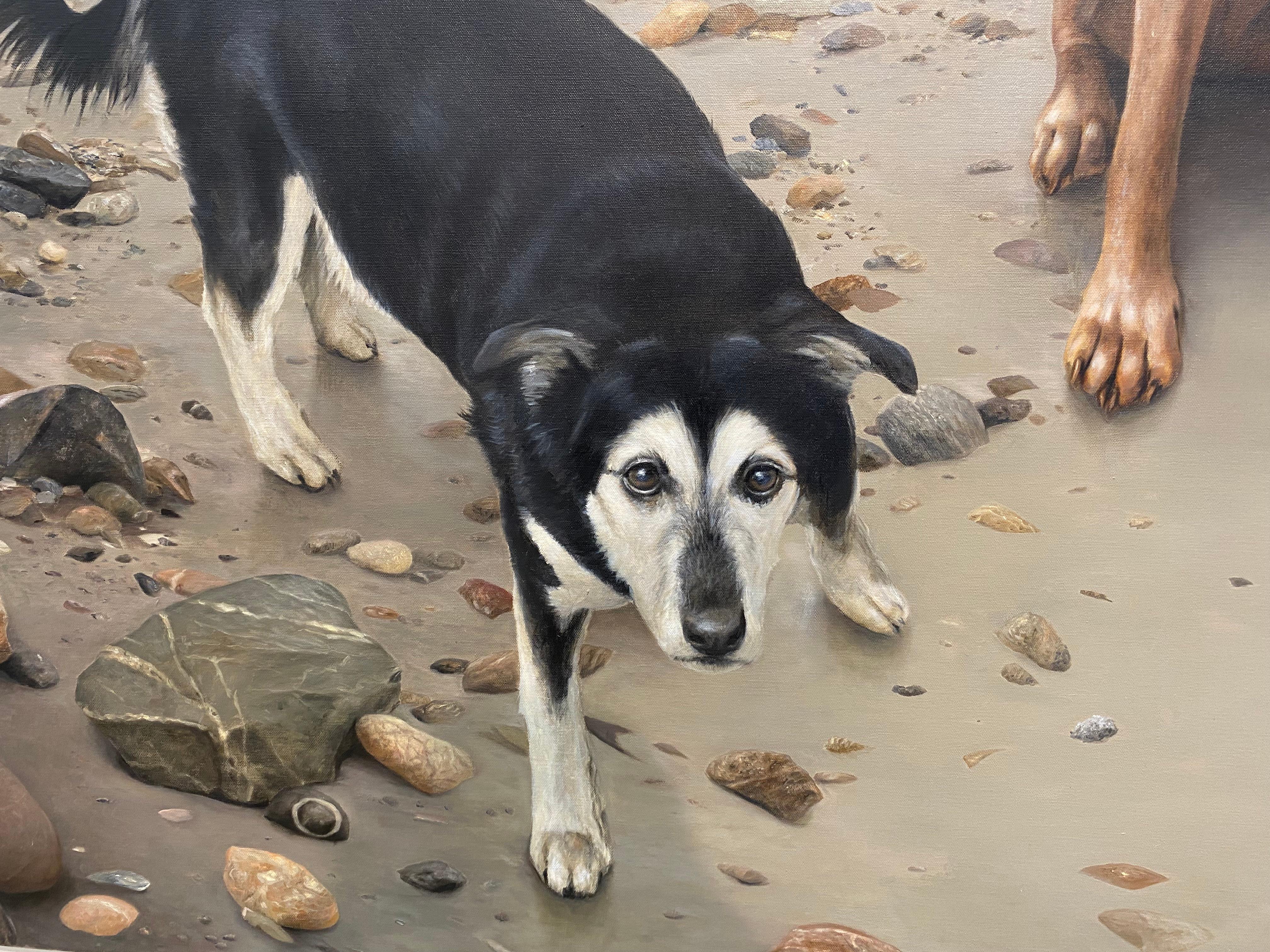 Trois amis heureux - peinture de paysage contemporaine du 21e siècle avec chiens en vente 5