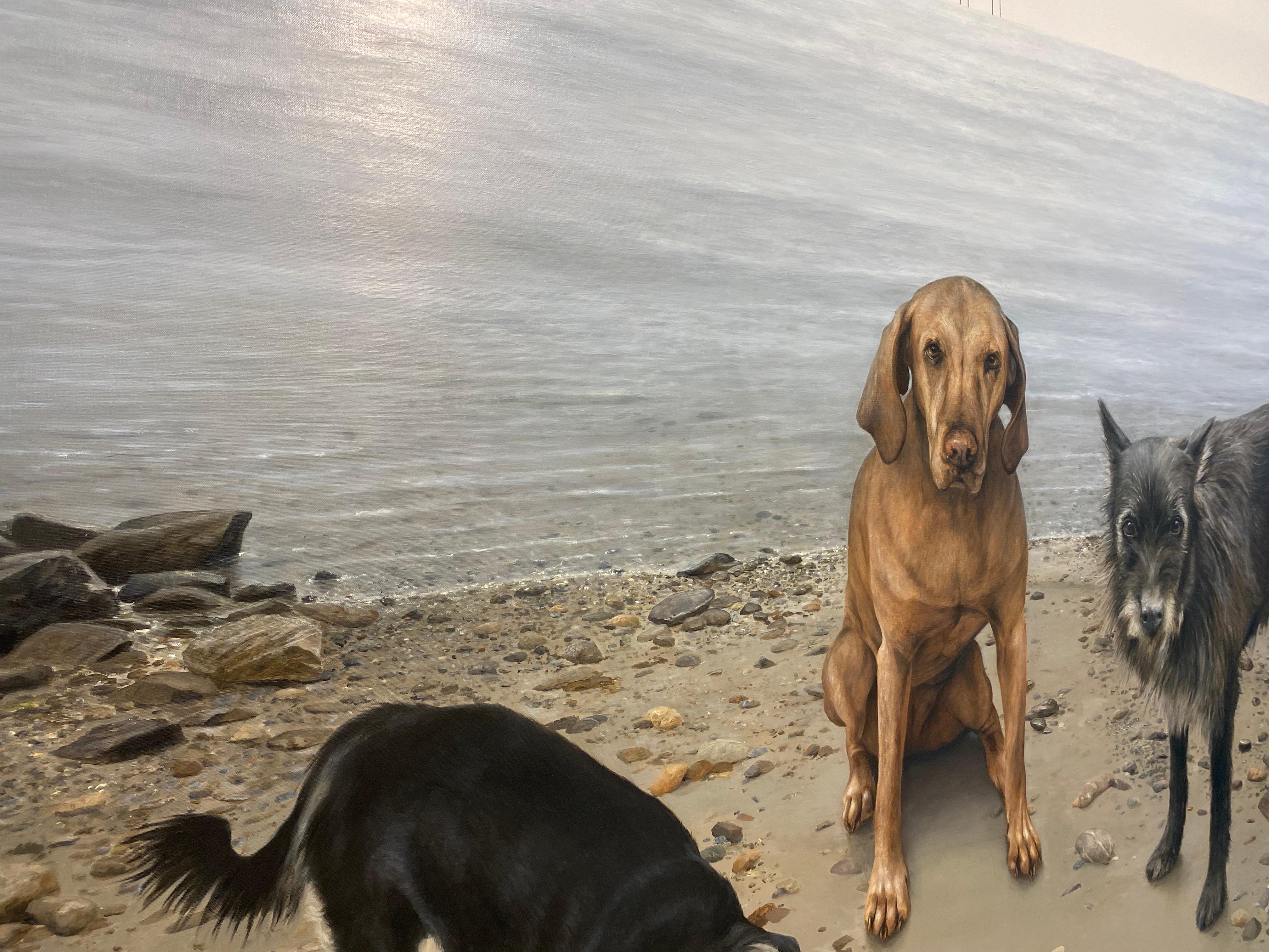 Trois amis heureux - peinture de paysage contemporaine du 21e siècle avec chiens en vente 7