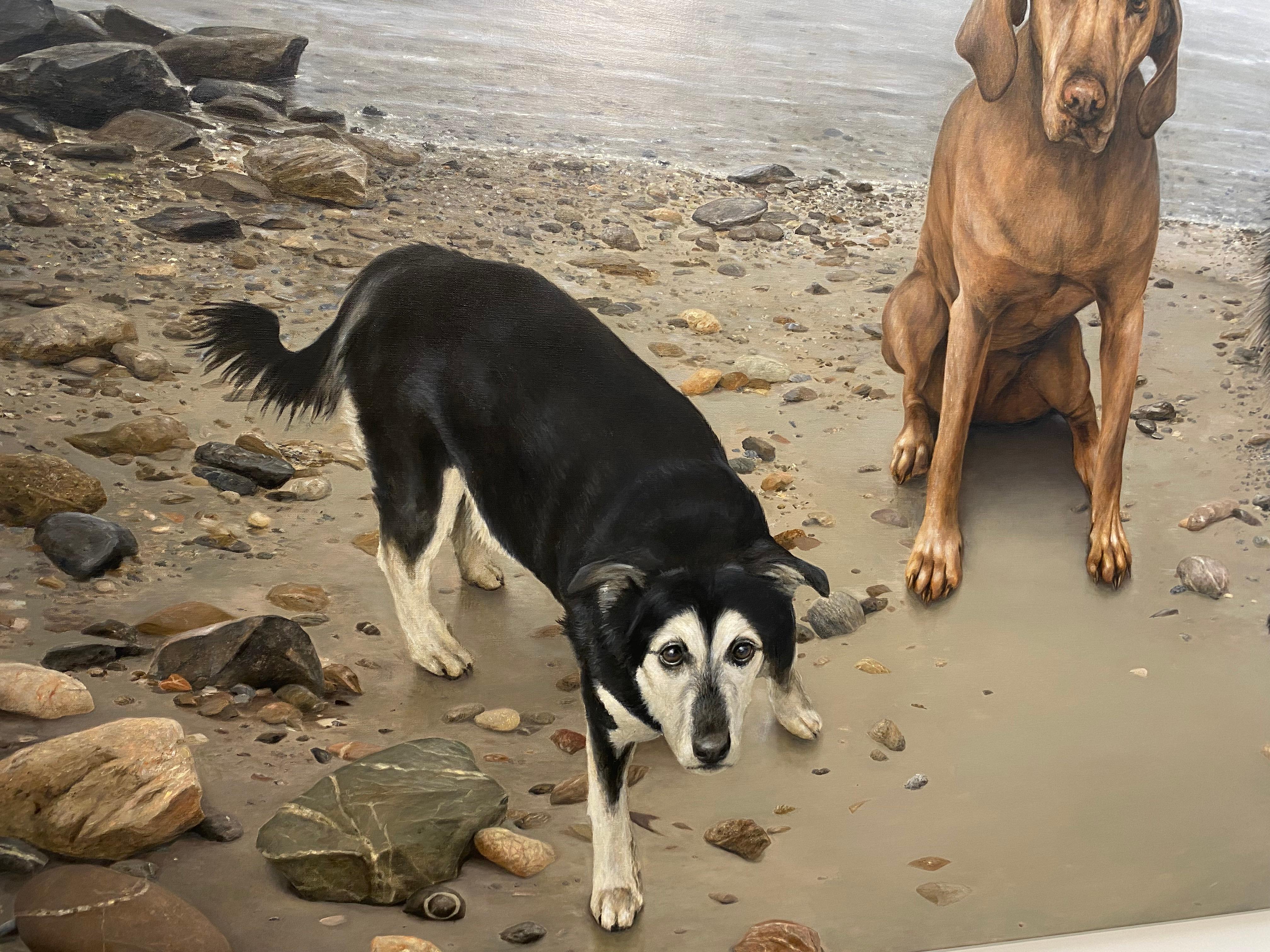 Trois amis heureux - peinture de paysage contemporaine du 21e siècle avec chiens en vente 8
