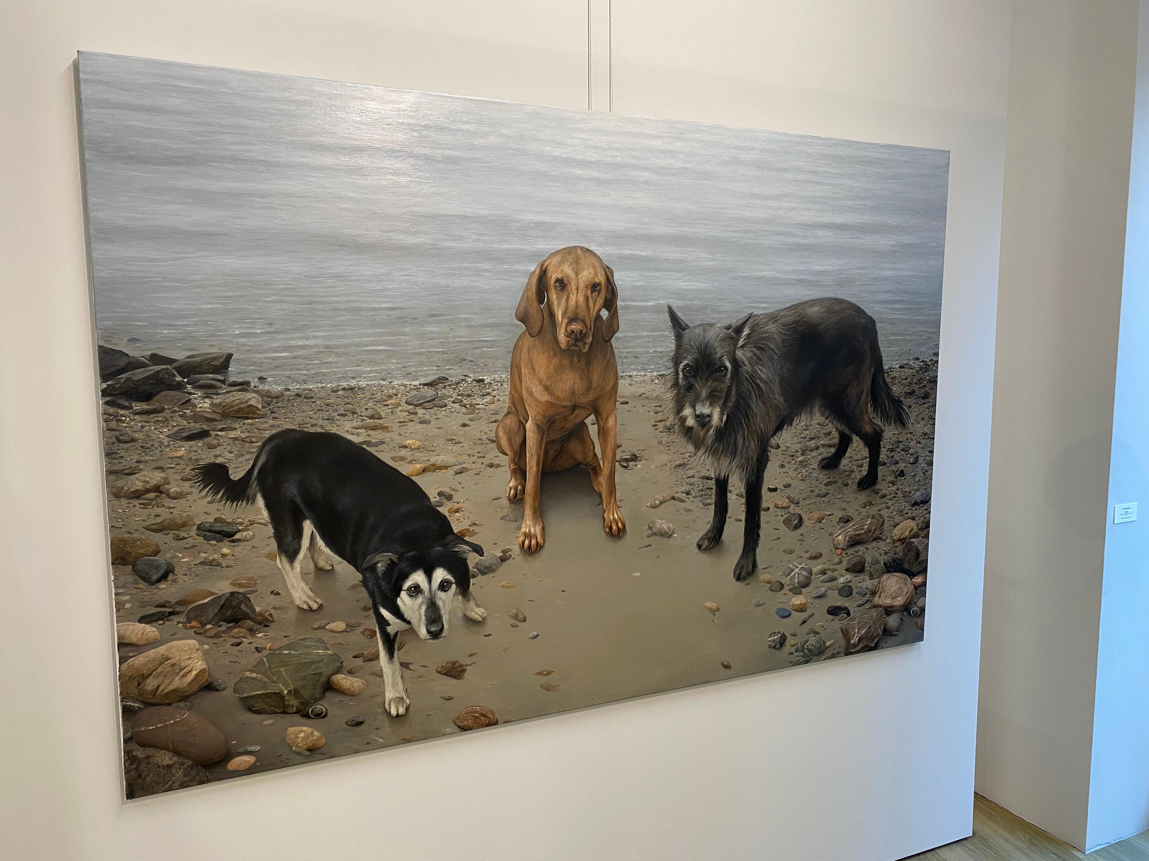 Trois amis heureux - peinture de paysage contemporaine du 21e siècle avec chiens en vente 9